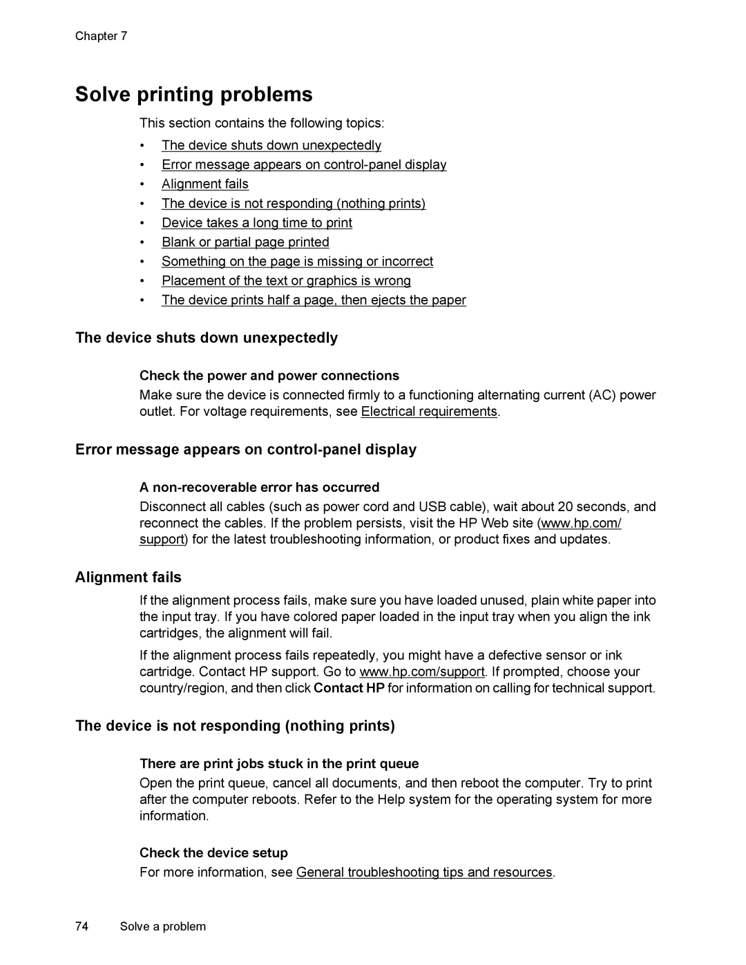 HP 4500 manual Solve printing problems, Device shuts down unexpectedly, Error message appears on control-panel display 