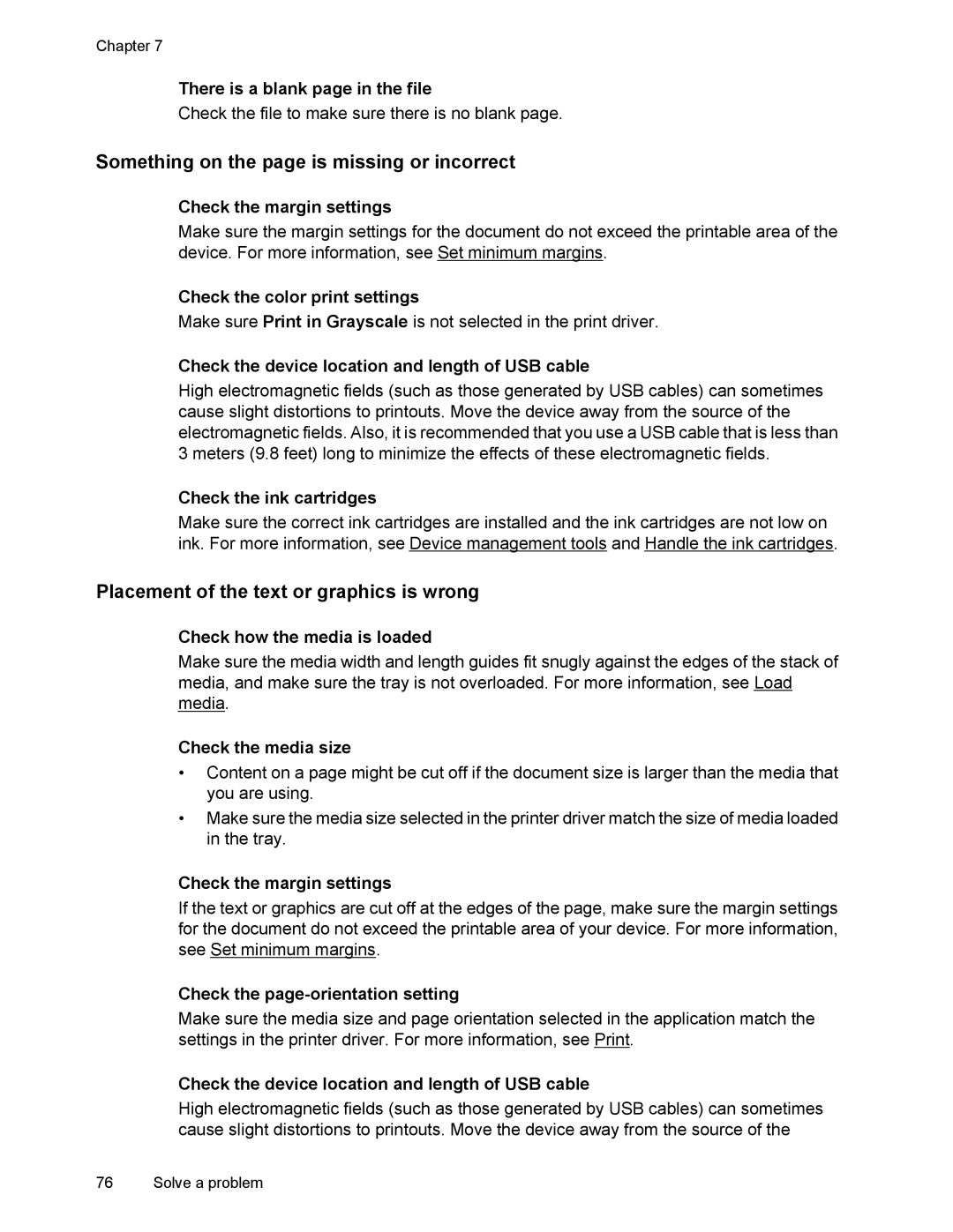 HP 4500 manual Something on the page is missing or incorrect, Placement of the text or graphics is wrong 