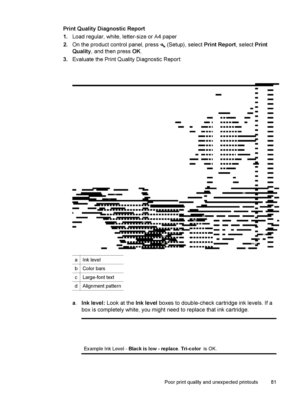 HP 4500 manual Print Quality Diagnostic Report, Example Ink Level Black is low replace. Tri-color is OK 