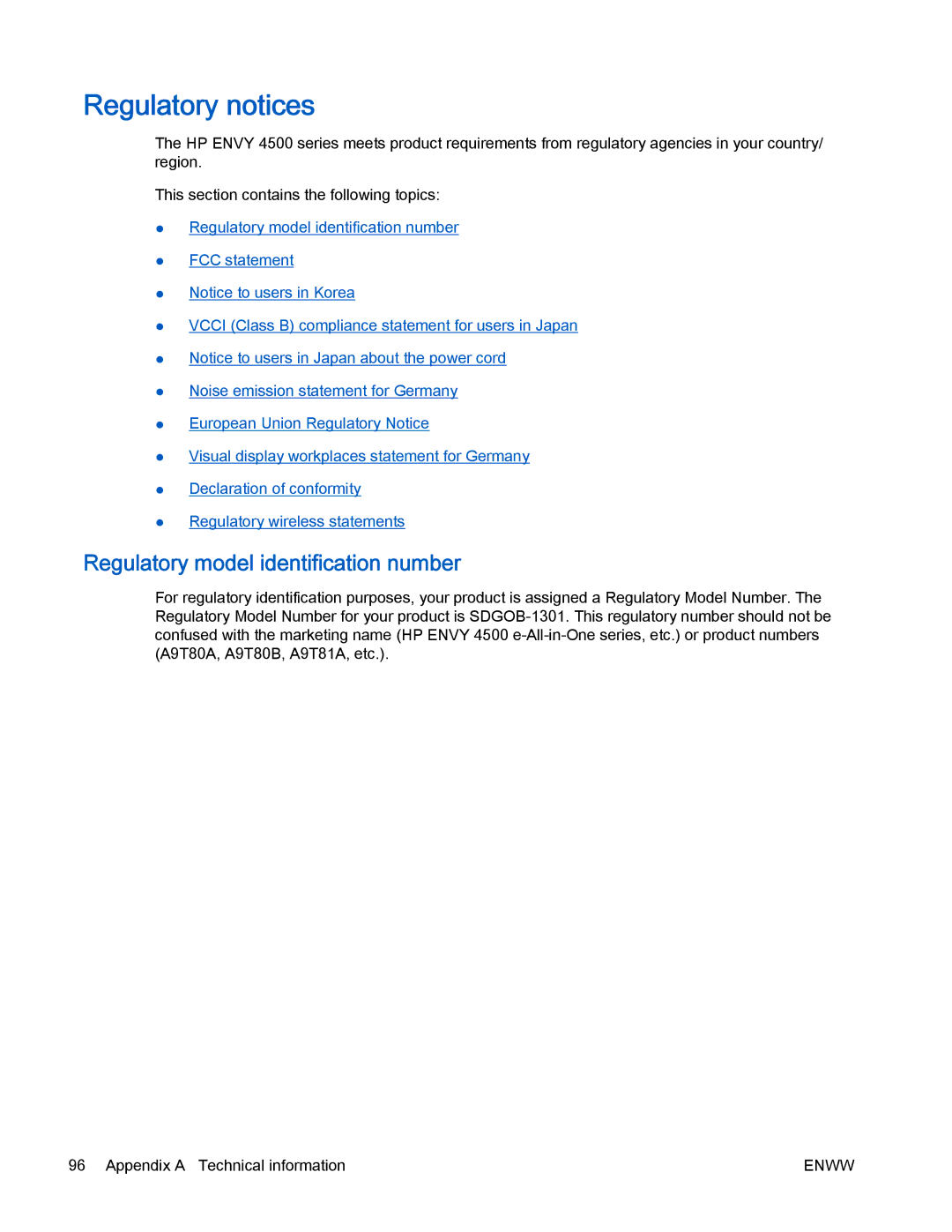 HP 4500 manual Regulatory notices, Regulatory model identification number 