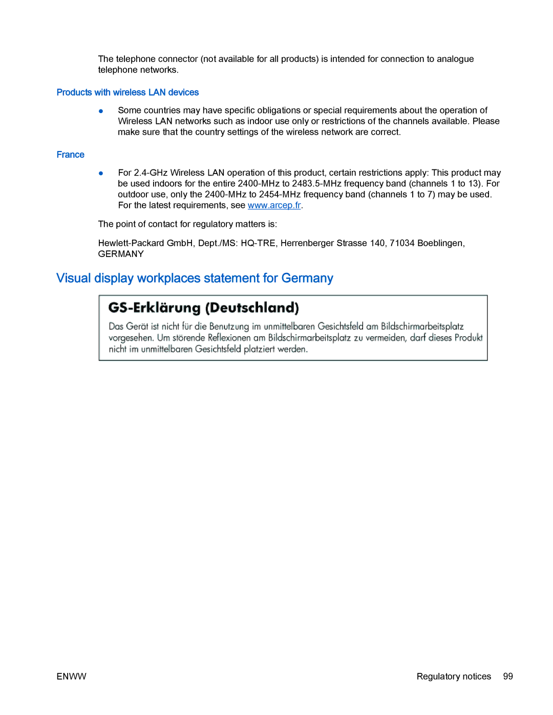 HP 4500 manual Visual display workplaces statement for Germany, Products with wireless LAN devices, France 