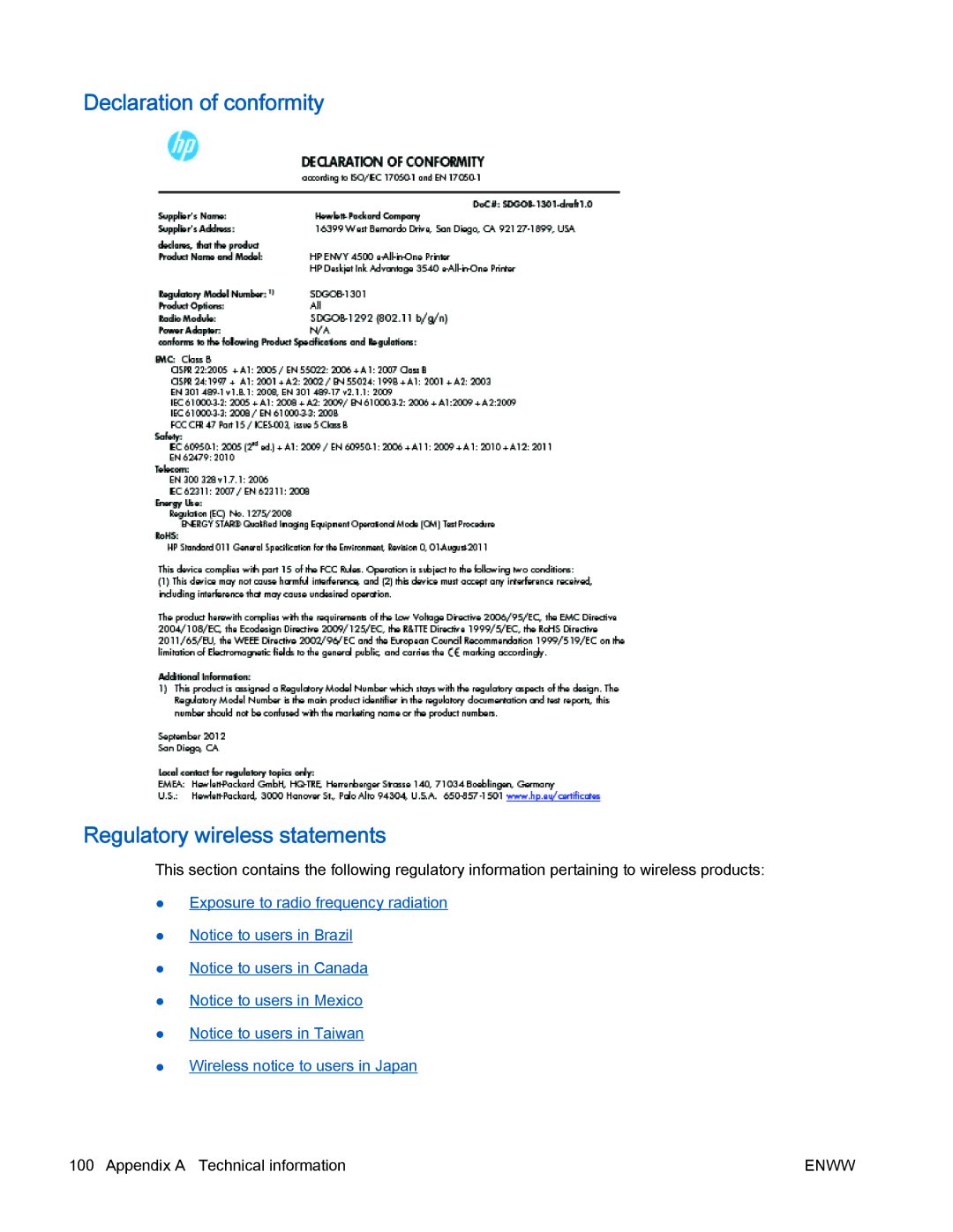 HP 4500 manual Declaration of conformity Regulatory wireless statements 