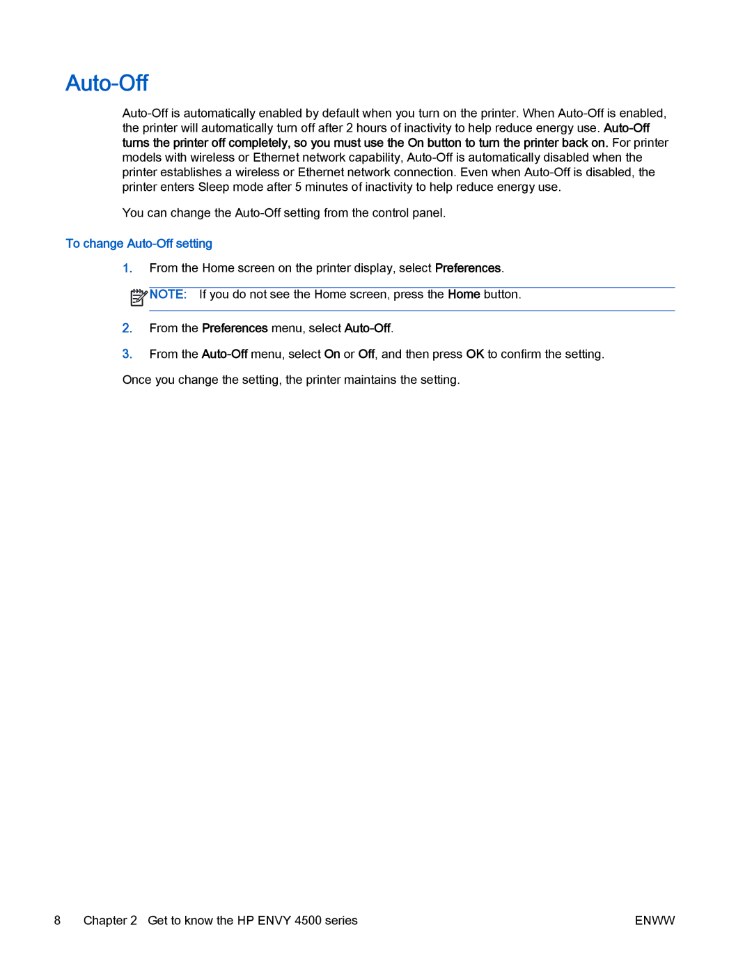 HP 4500 manual To change Auto-Off setting 