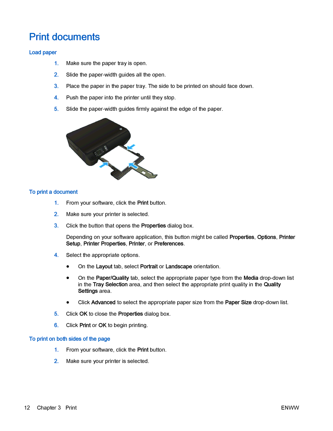 HP 4500 manual Print documents, Load paper, To print a document, To print on both sides 