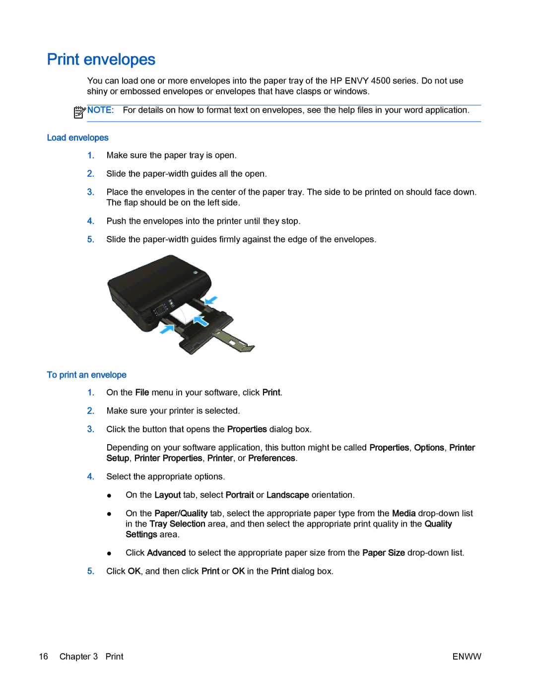 HP 4500 manual Print envelopes, Load envelopes, To print an envelope 