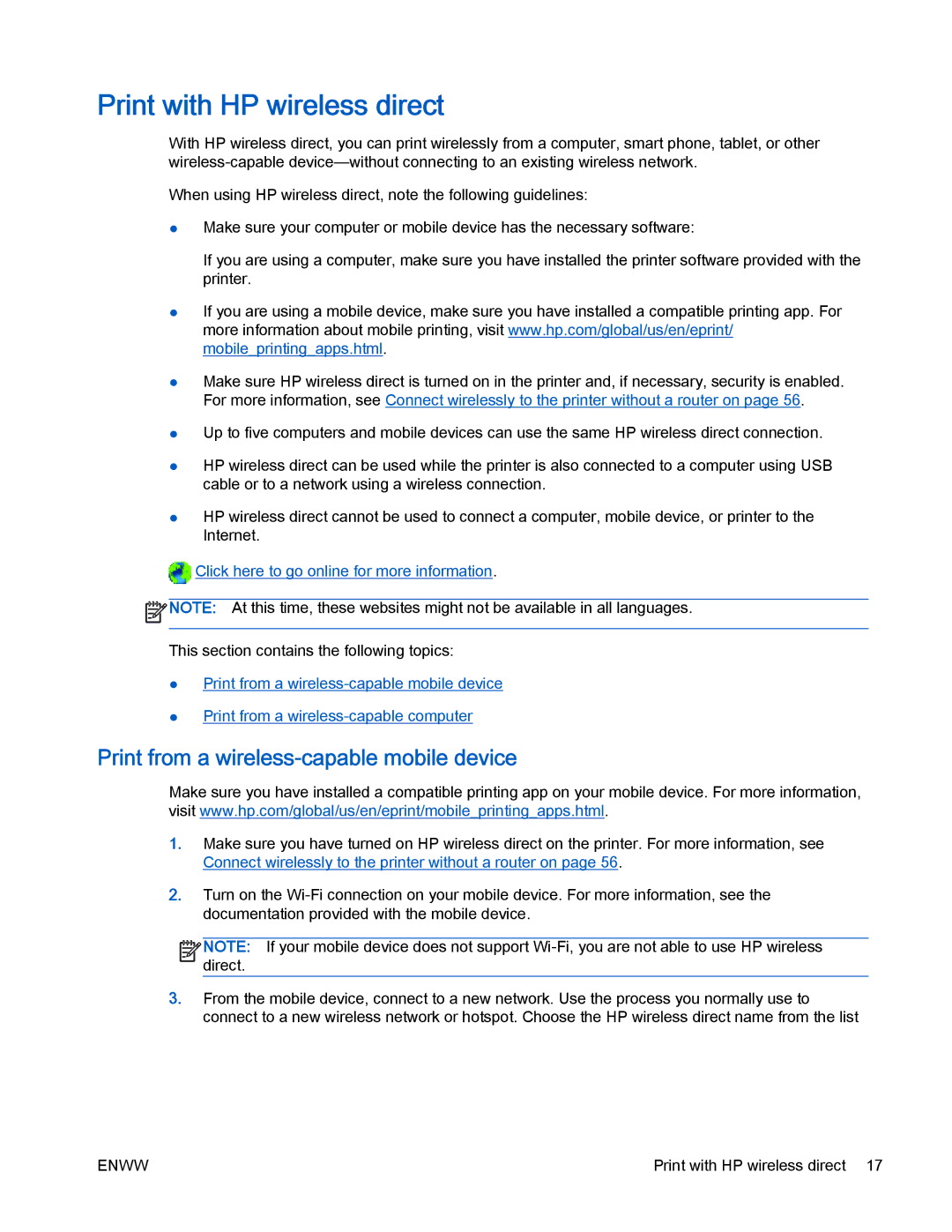 HP 4500 manual Print with HP wireless direct, Print from a wireless-capable mobile device 