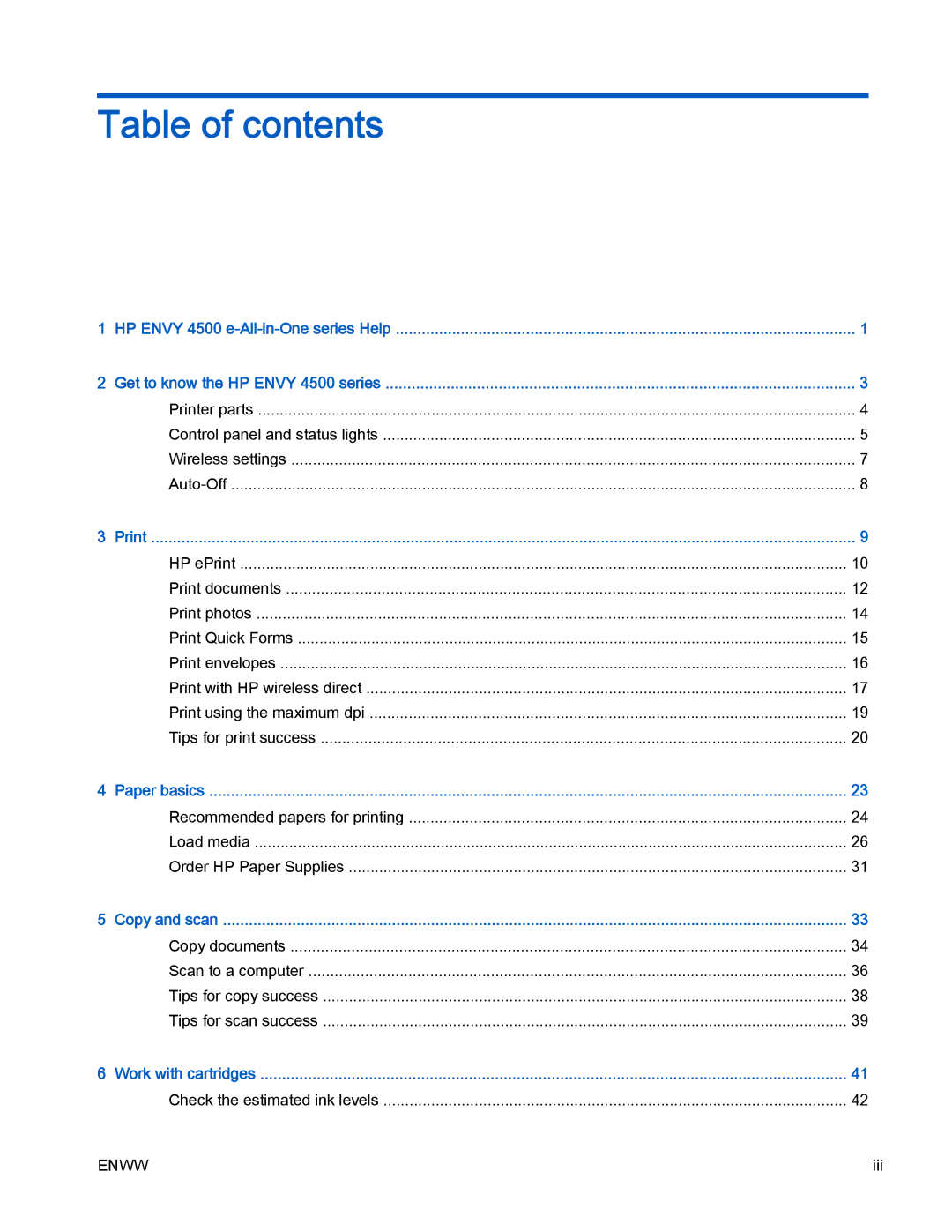 HP 4500 manual Table of contents 