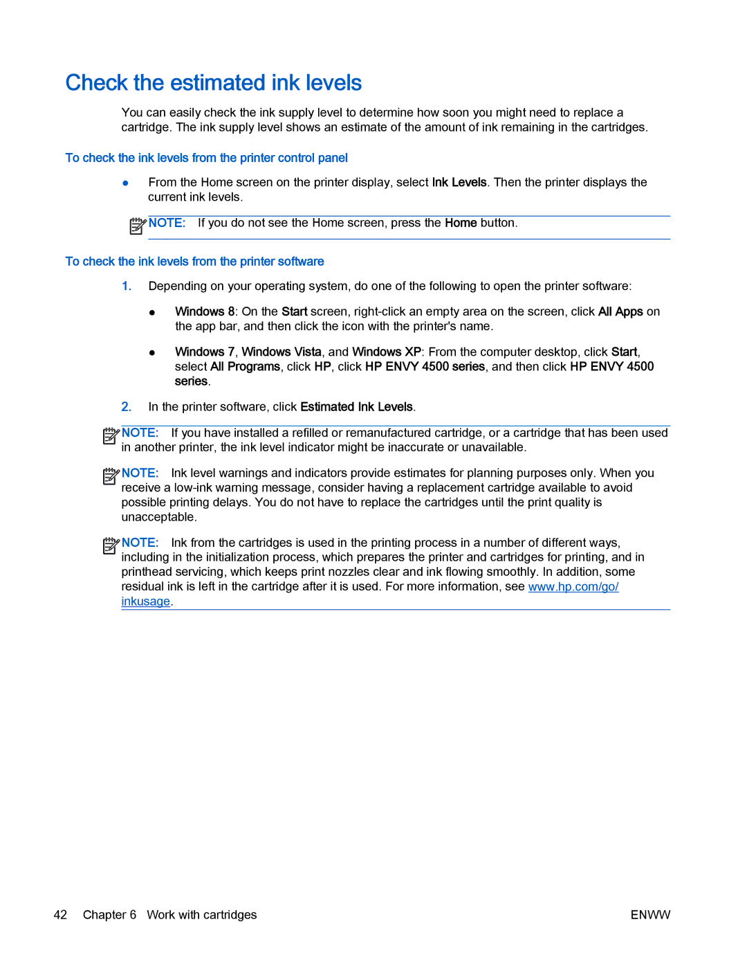 HP 4500 manual Check the estimated ink levels, To check the ink levels from the printer control panel 
