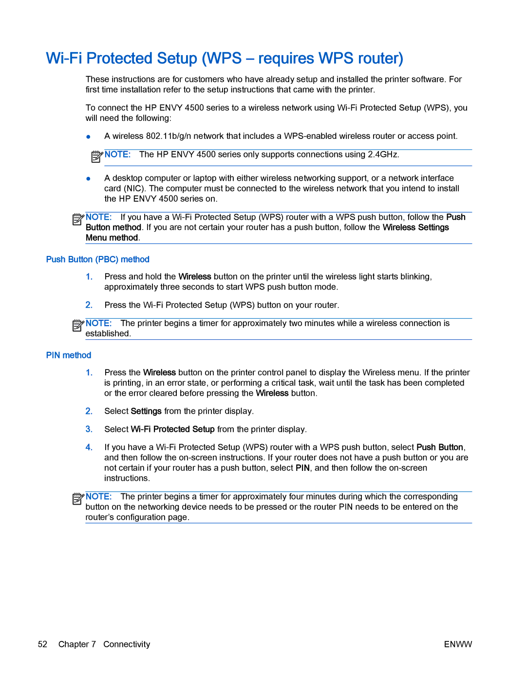 HP 4500 manual Wi-Fi Protected Setup WPS requires WPS router, Push Button PBC method, PIN method 