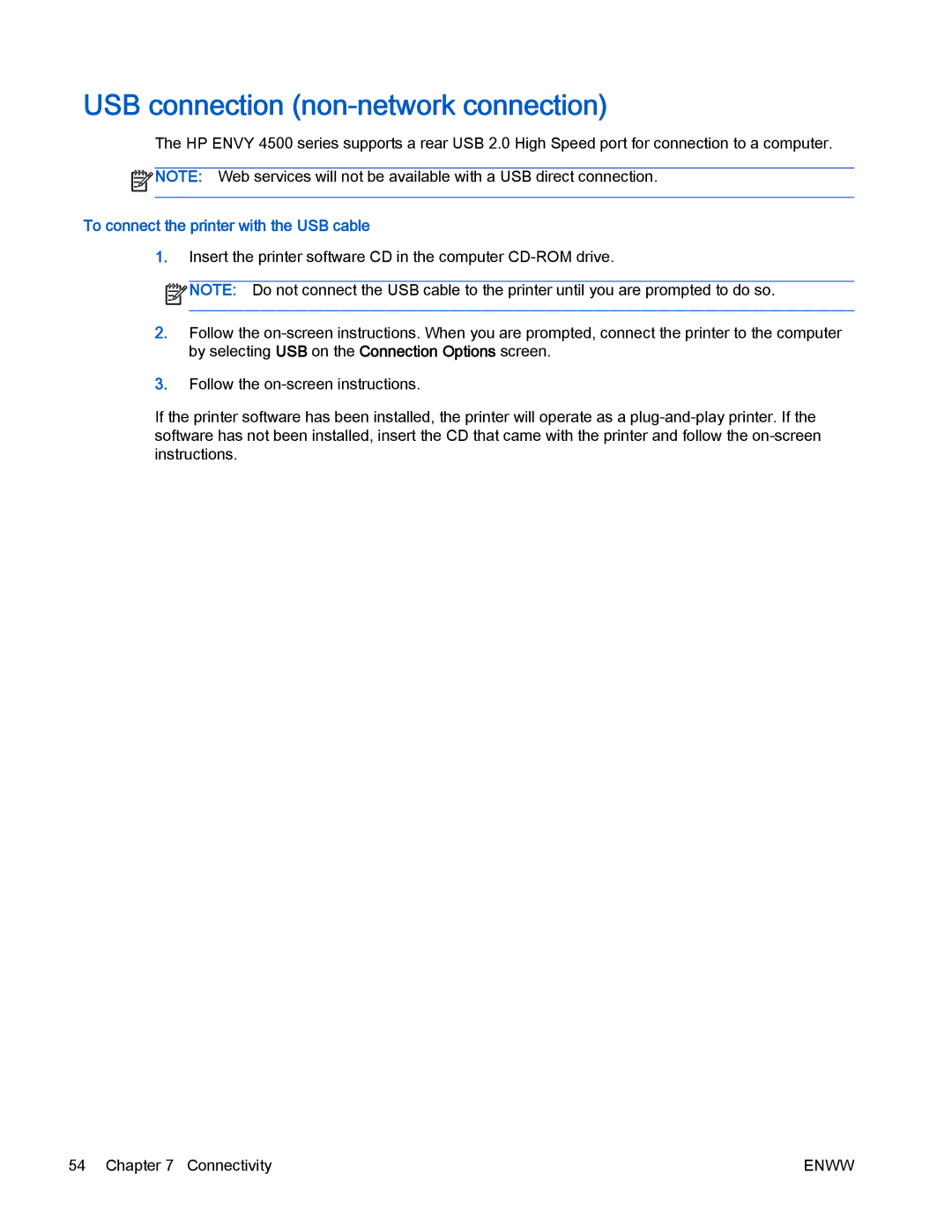HP 4500 manual USB connection non-network connection, To connect the printer with the USB cable 