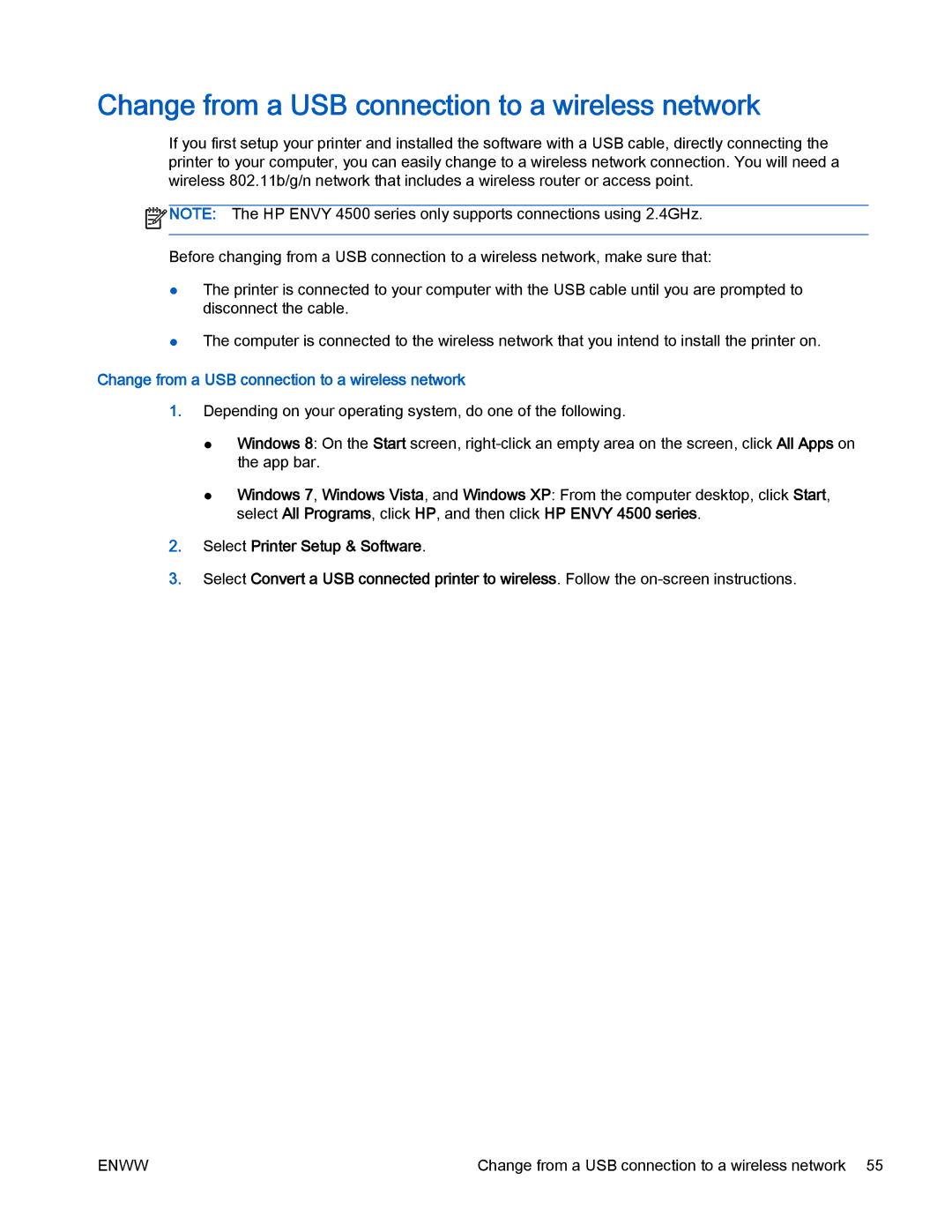 HP 4500 manual Change from a USB connection to a wireless network 