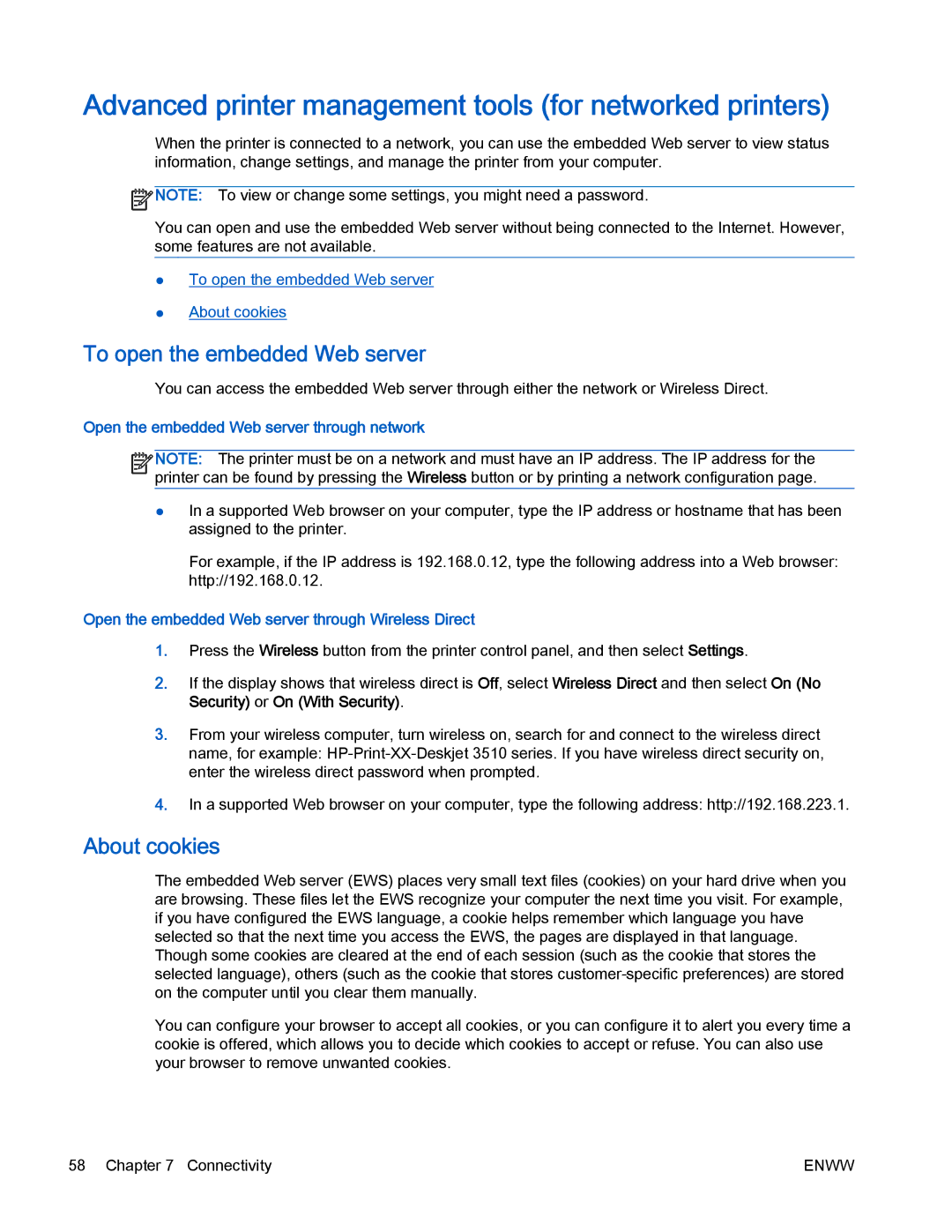 HP 4500 manual Advanced printer management tools for networked printers, To open the embedded Web server, About cookies 