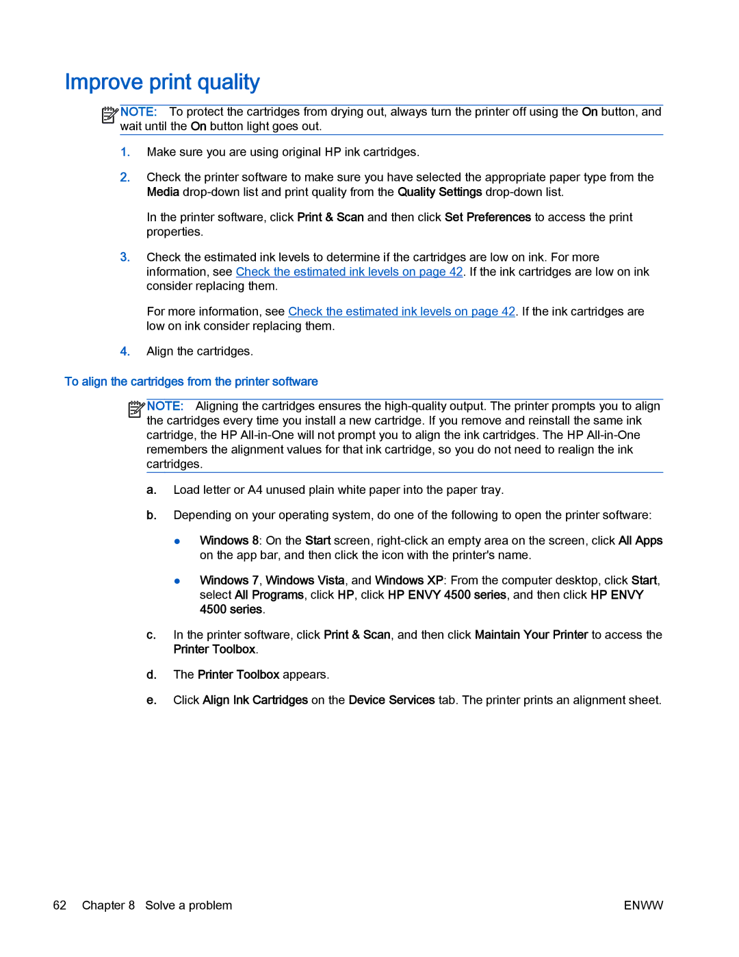 HP 4500 manual Improve print quality, To align the cartridges from the printer software 