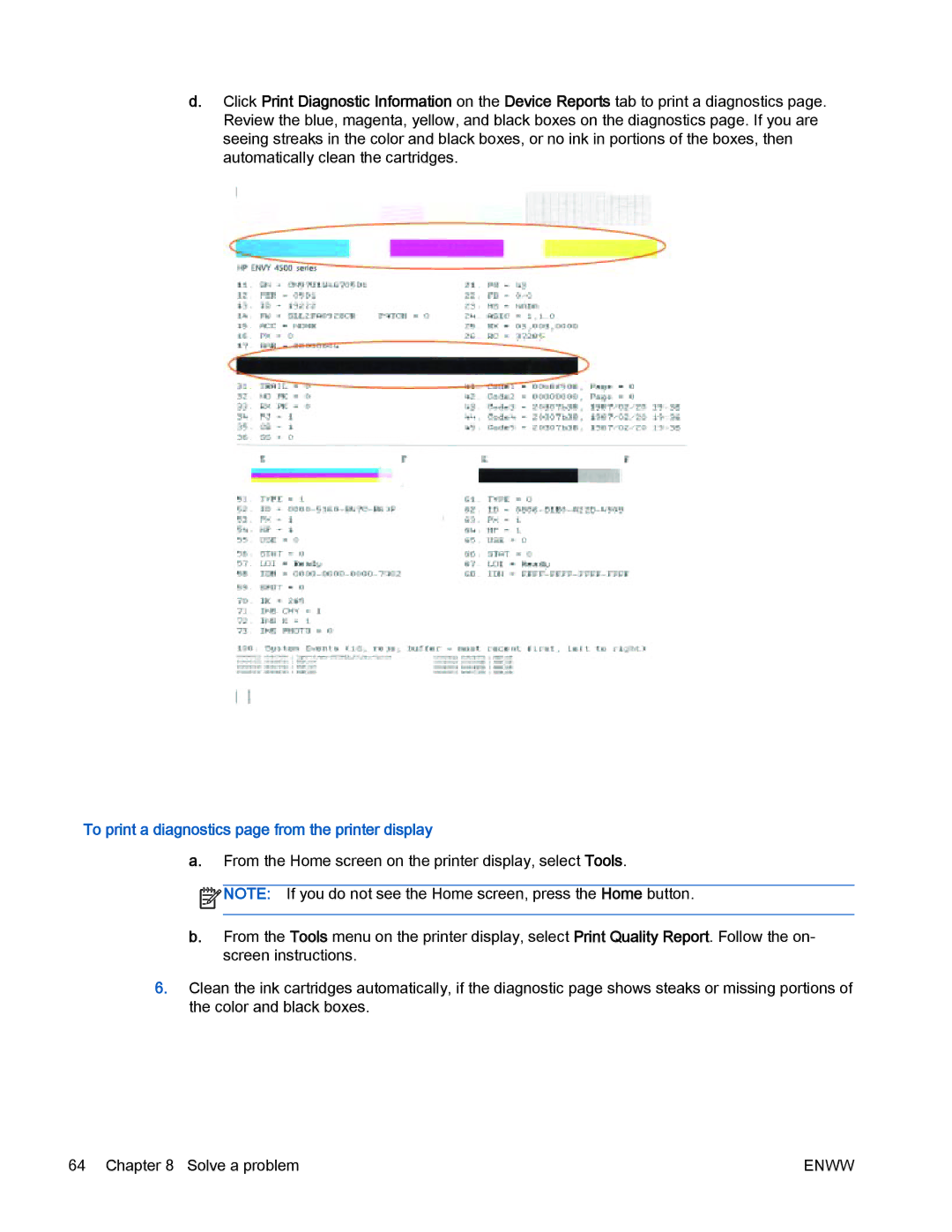 HP 4500 manual To print a diagnostics page from the printer display 