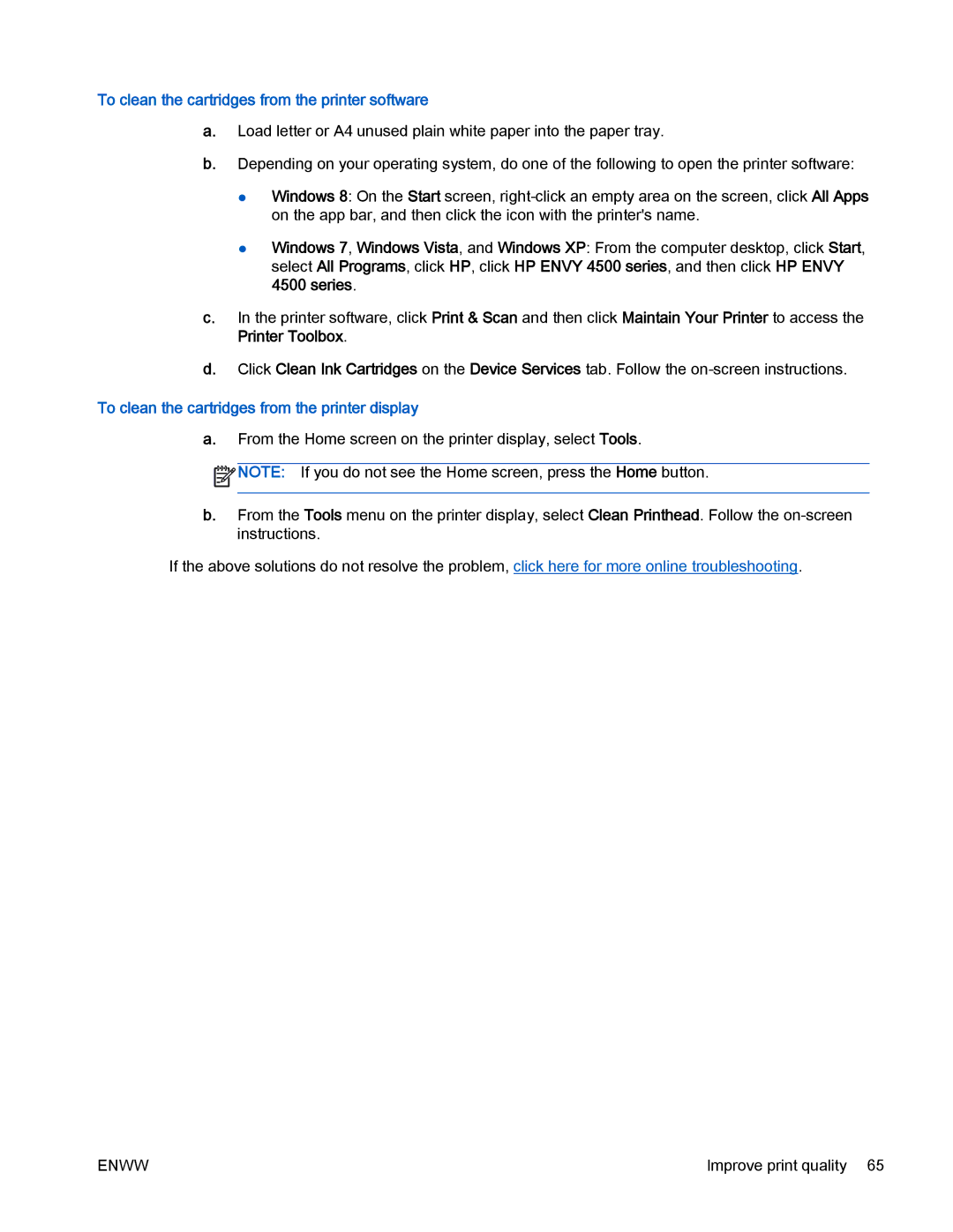 HP 4500 manual To clean the cartridges from the printer software, To clean the cartridges from the printer display 