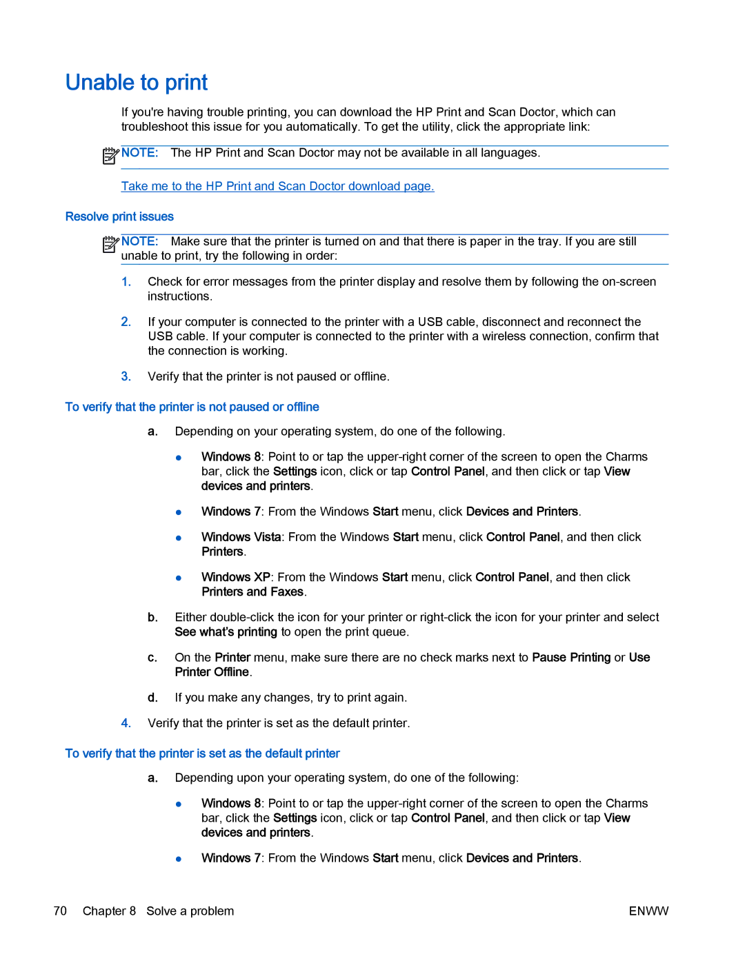 HP 4500 manual Unable to print, Resolve print issues, To verify that the printer is not paused or offline 