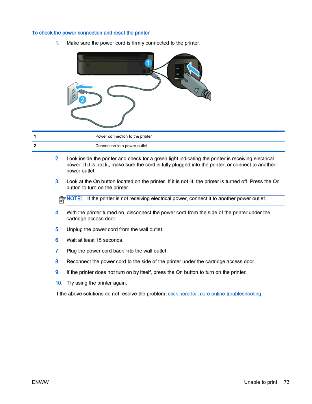 HP 4500 manual To check the power connection and reset the printer 