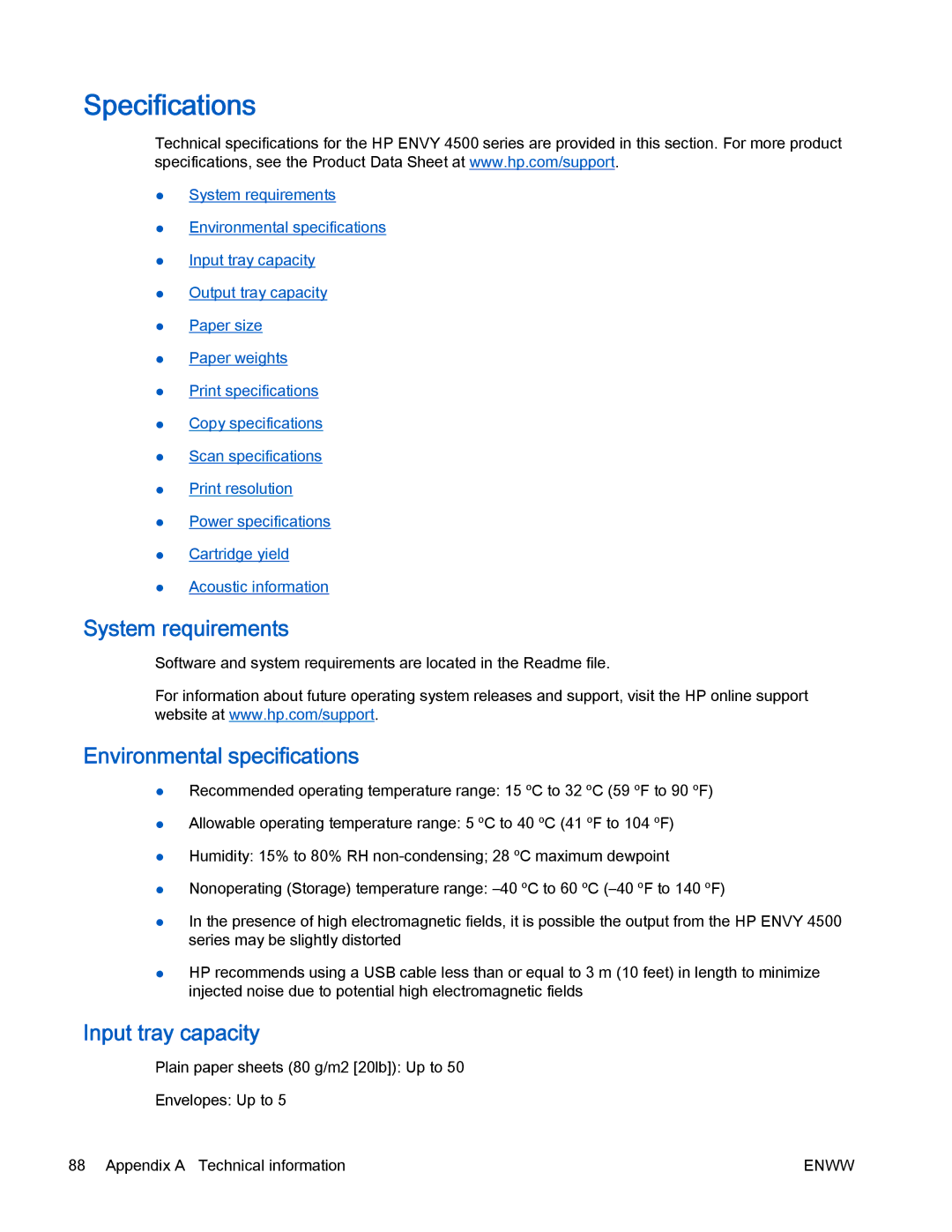 HP 4500 manual Specifications, System requirements, Environmental specifications, Input tray capacity 