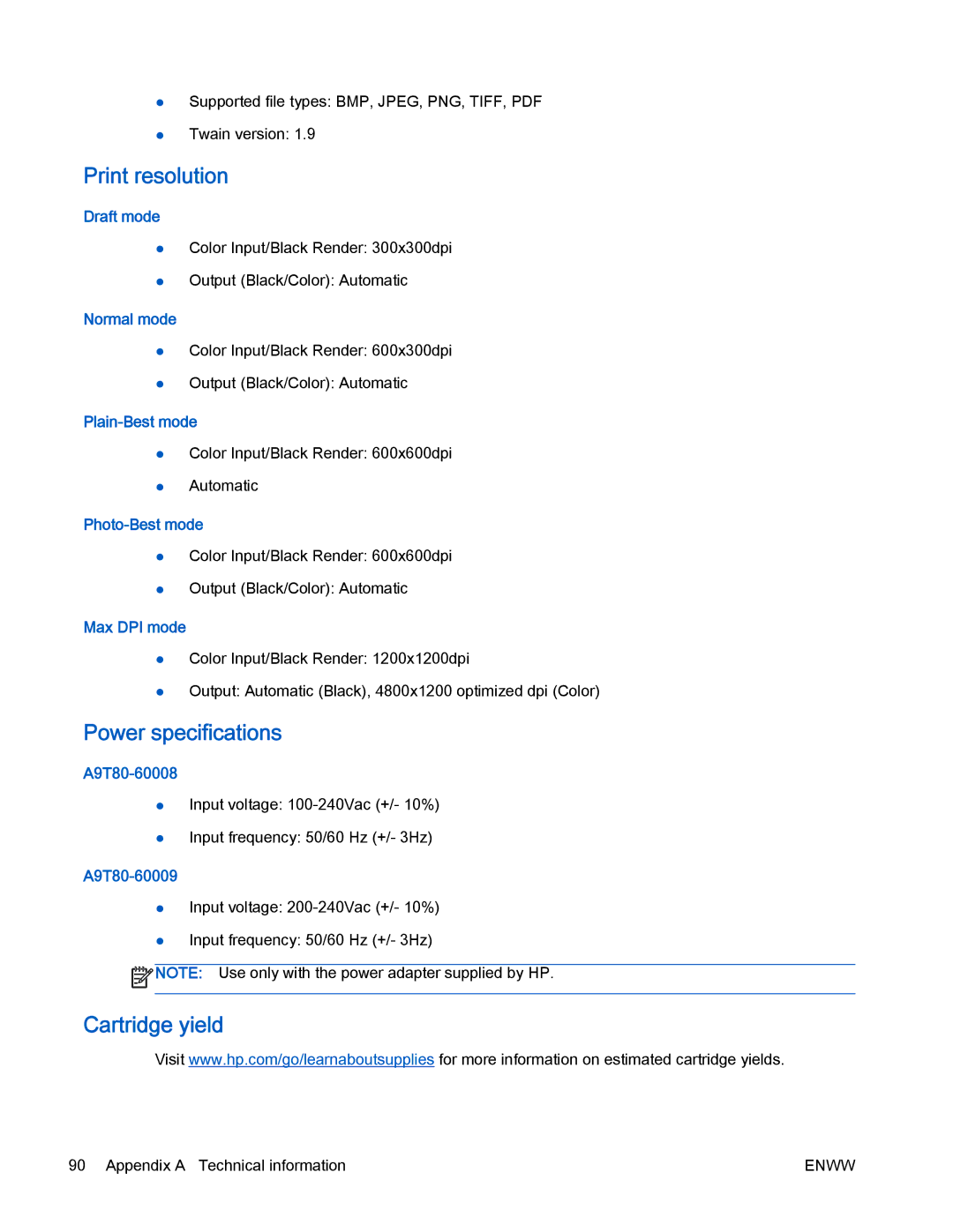 HP 4500 manual Print resolution, Power specifications, Cartridge yield 