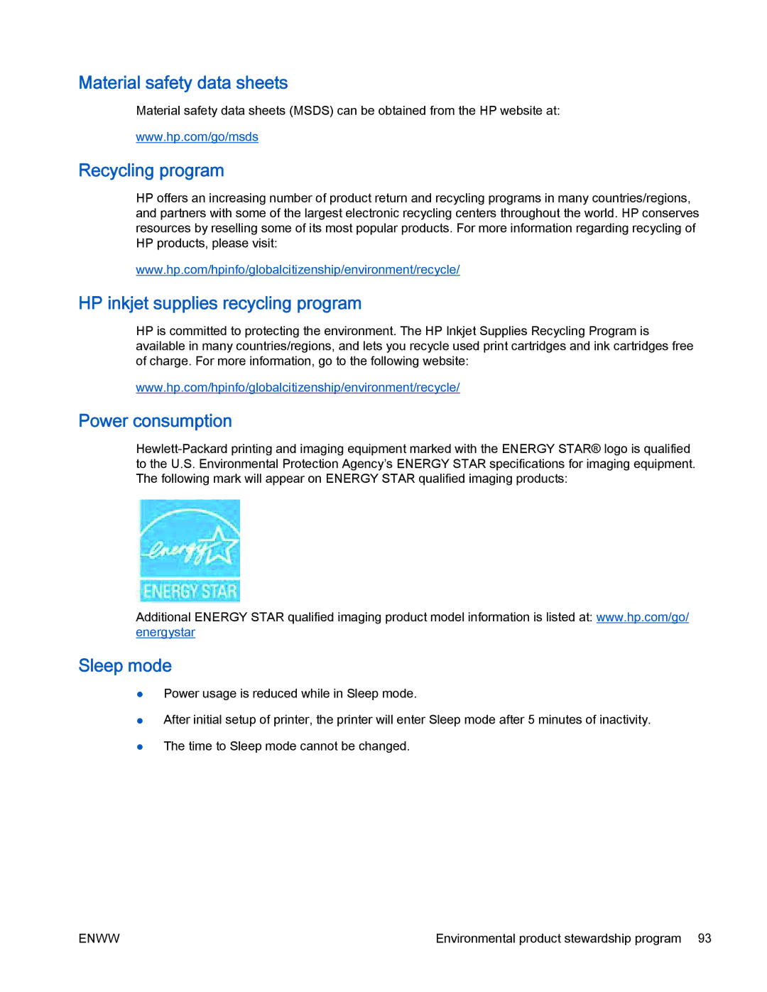 HP 4500 manual Material safety data sheets, Recycling program, HP inkjet supplies recycling program, Power consumption 