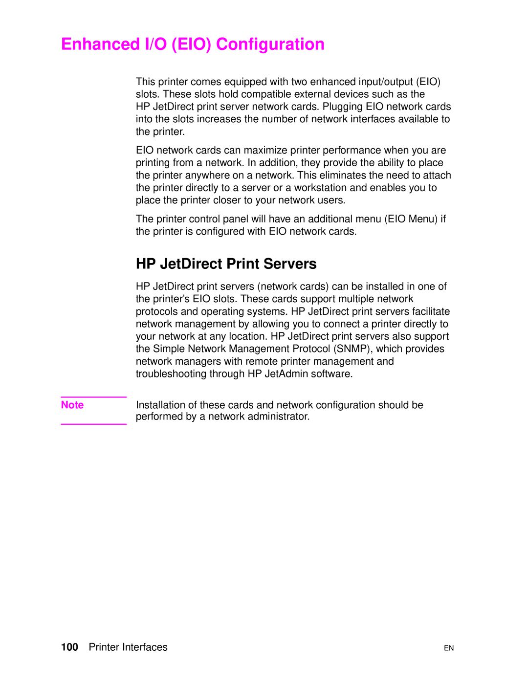 HP 4500DN manual Enhanced I/O EIO Configuration, HP JetDirect Print Servers 