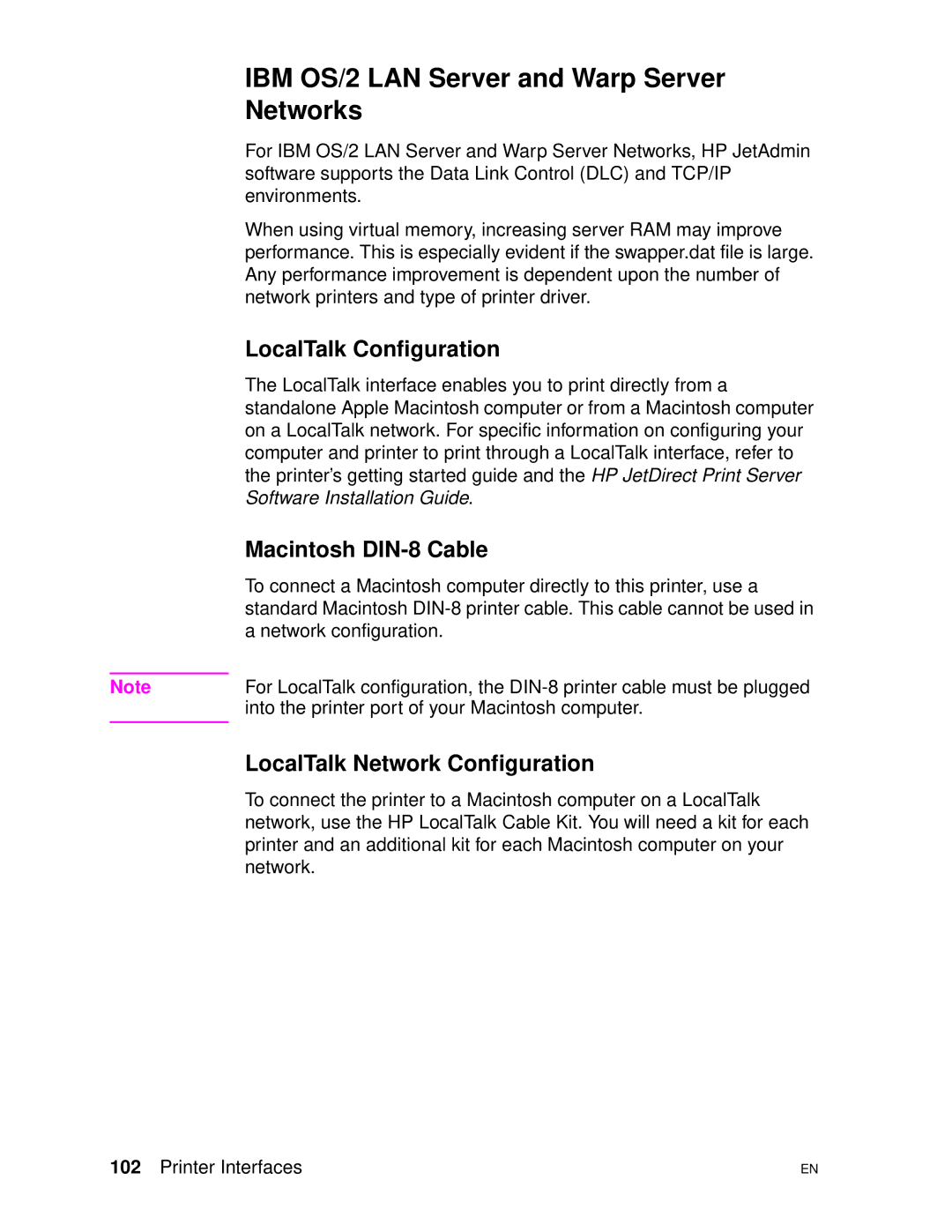 HP 4500DN manual IBM OS/2 LAN Server and Warp Server Networks, LocalTalk Configuration, Macintosh DIN-8 Cable 