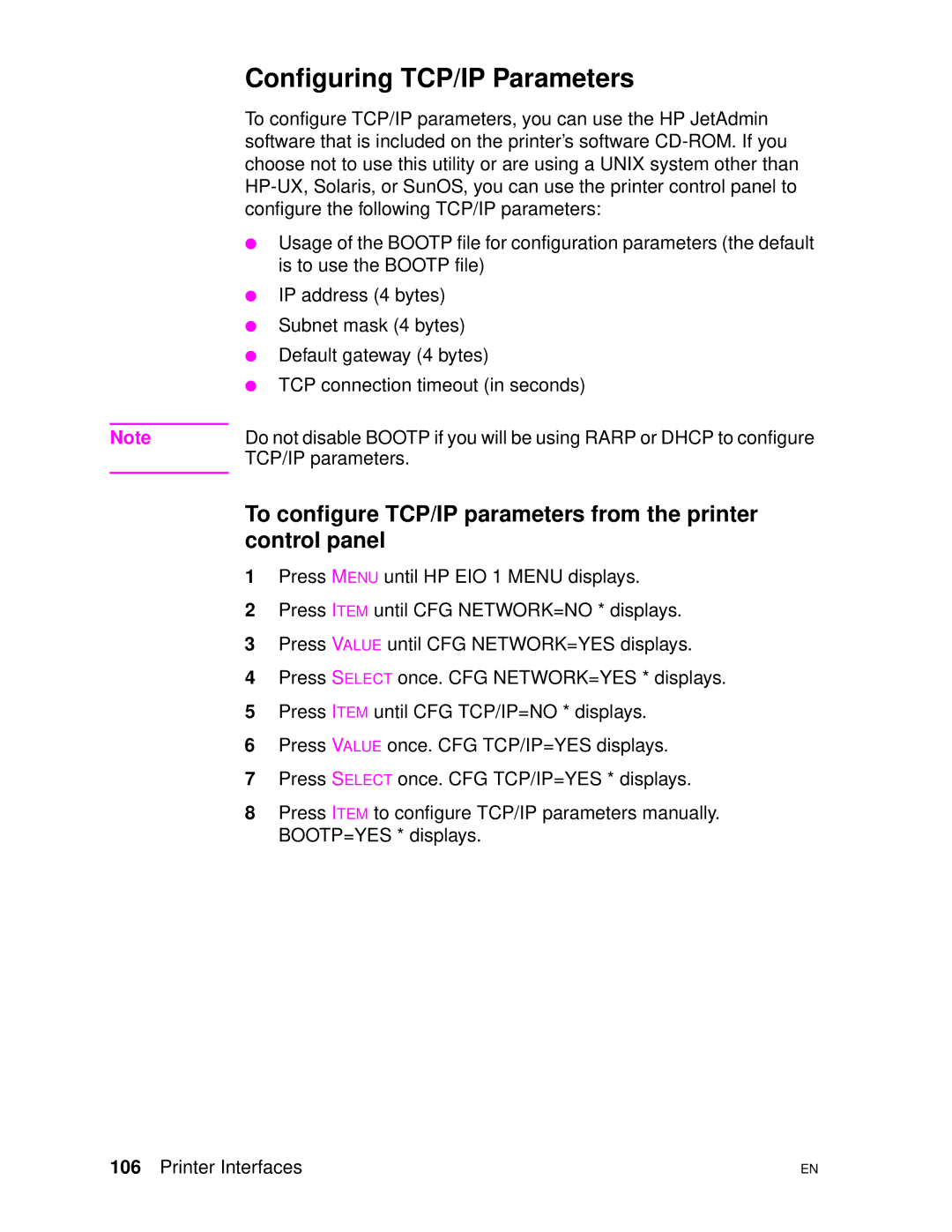 HP 4500DN manual Configuring TCP/IP Parameters 