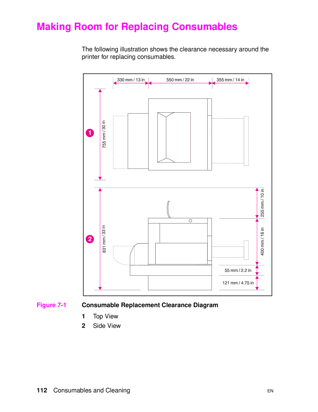 HP 4500DN manual Making Room for Replacing Consumables, 1Consumable Replacement Clearance Diagram 