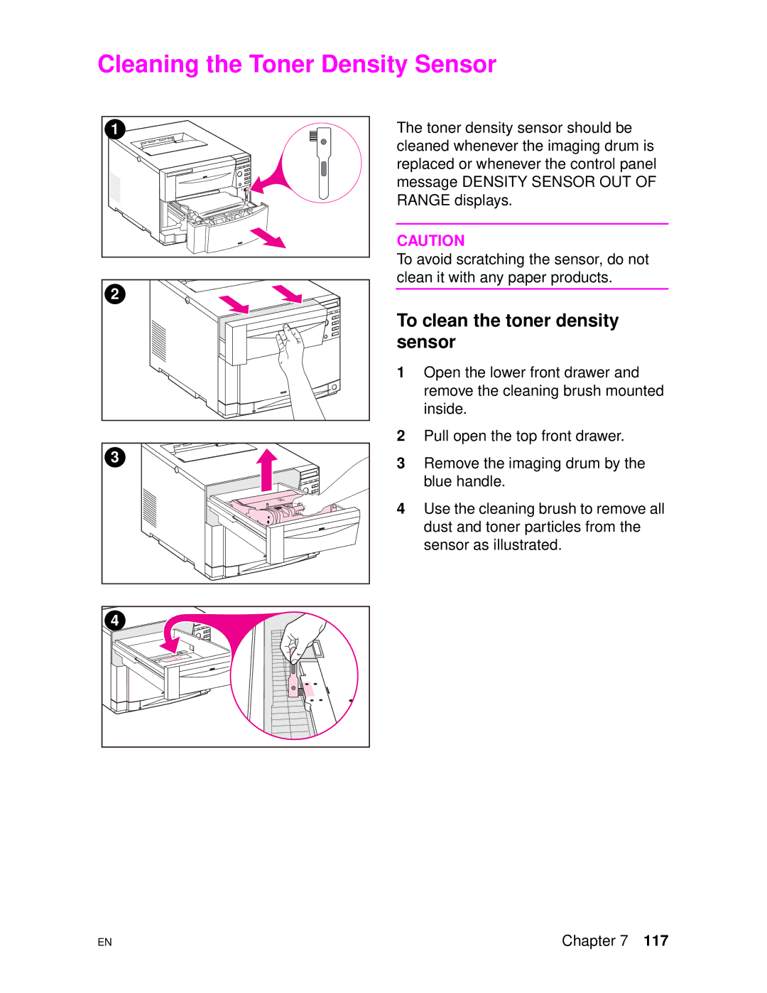 HP 4500DN manual Cleaning the Toner Density Sensor, To clean the toner density sensor 