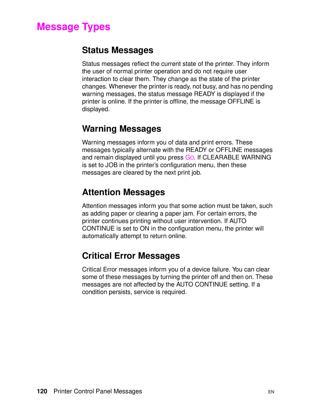 HP 4500DN manual Message Types, Status Messages, Critical Error Messages 