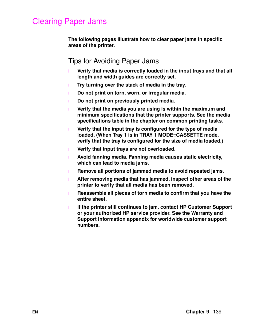 HP 4500DN manual Clearing Paper Jams, Tips for Avoiding Paper Jams 