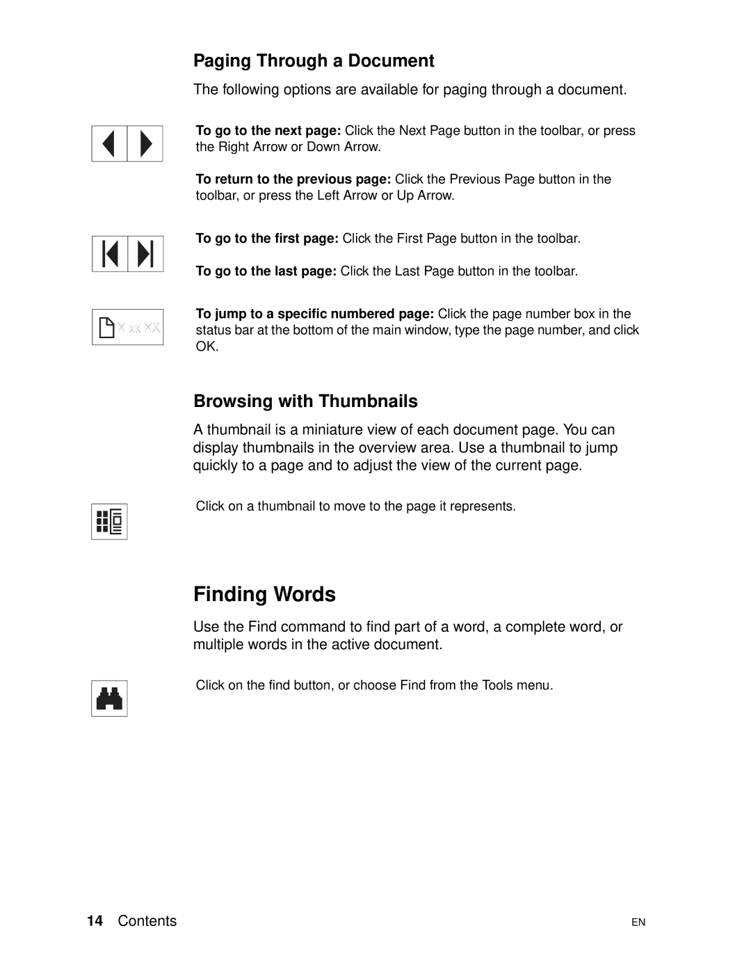 HP 4500DN manual Finding Words, Paging Through a Document, Browsing with Thumbnails 