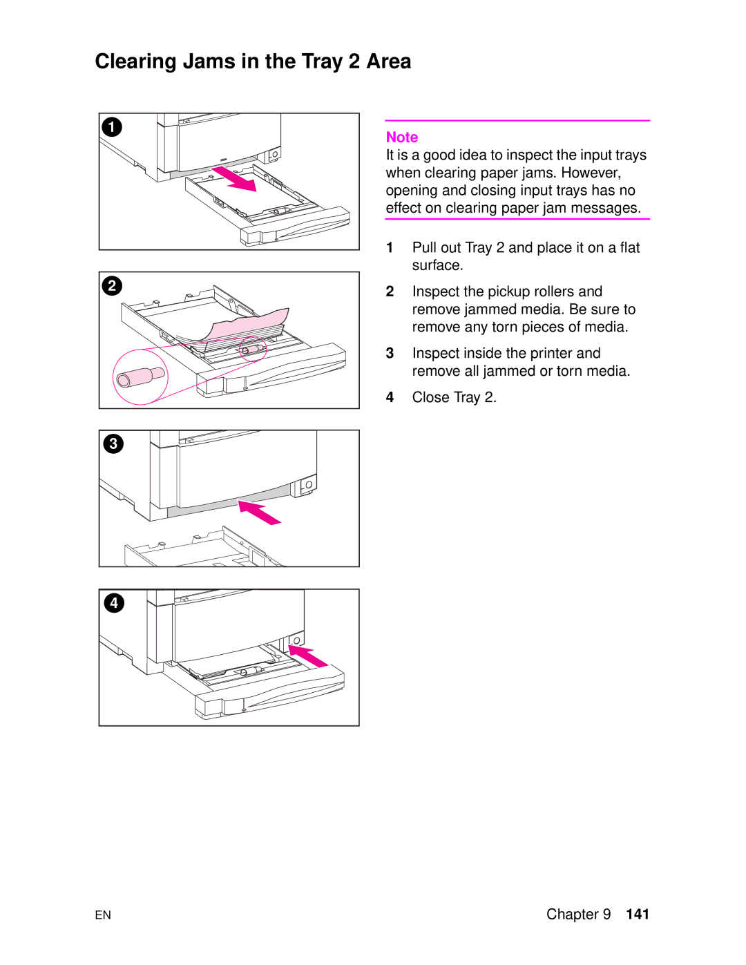 HP 4500DN manual Clearing Jams in the Tray 2 Area 