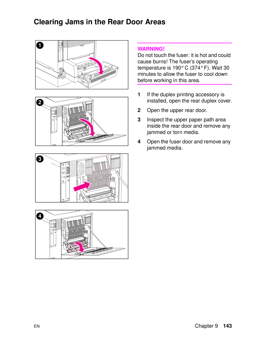 HP 4500DN manual Clearing Jams in the Rear Door Areas 