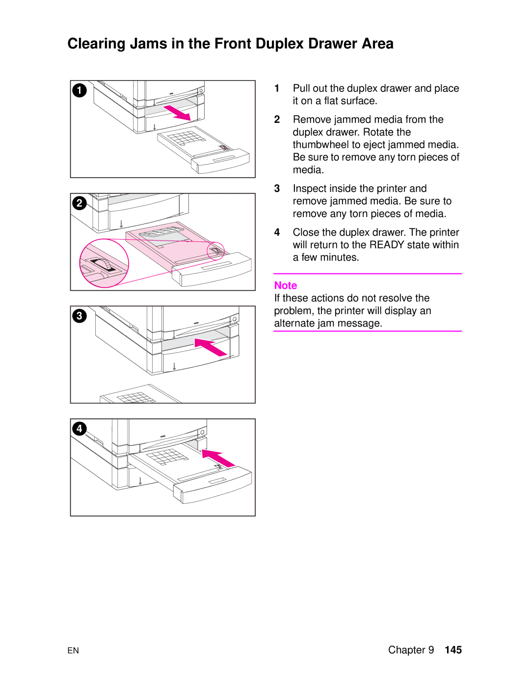 HP 4500DN manual Clearing Jams in the Front Duplex Drawer Area 