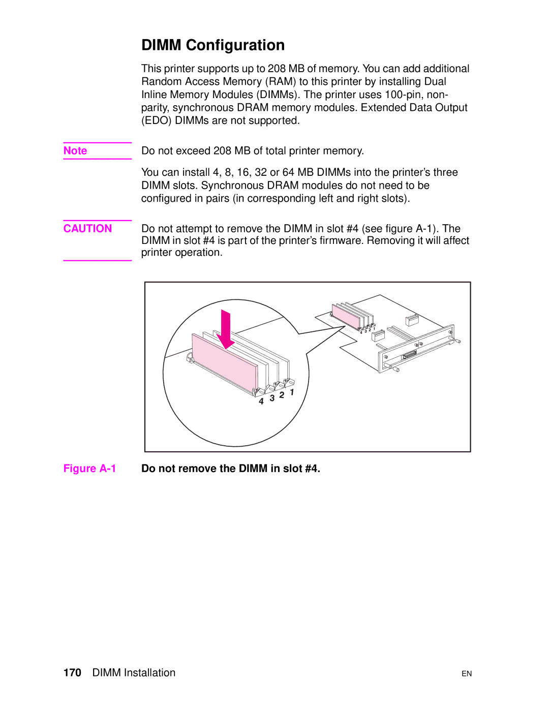 HP 4500DN manual Dimm Configuration, Do not remove the Dimm in slot #4 