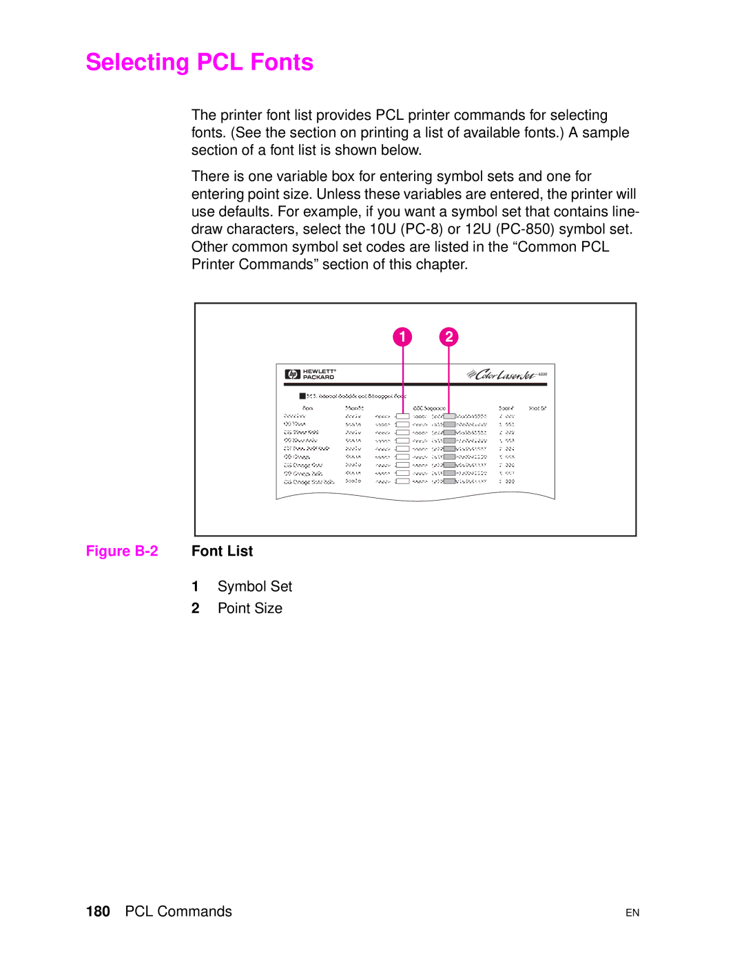 HP 4500DN manual Selecting PCL Fonts, Font List, Symbol Set, Point Size 