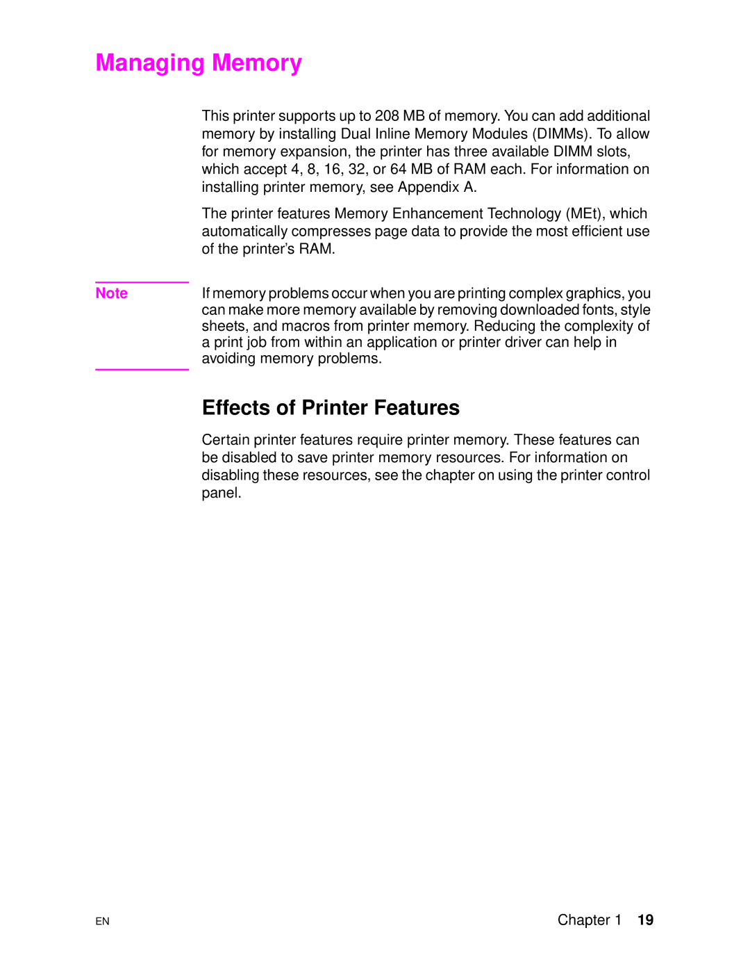 HP 4500DN manual Managing Memory, Effects of Printer Features 