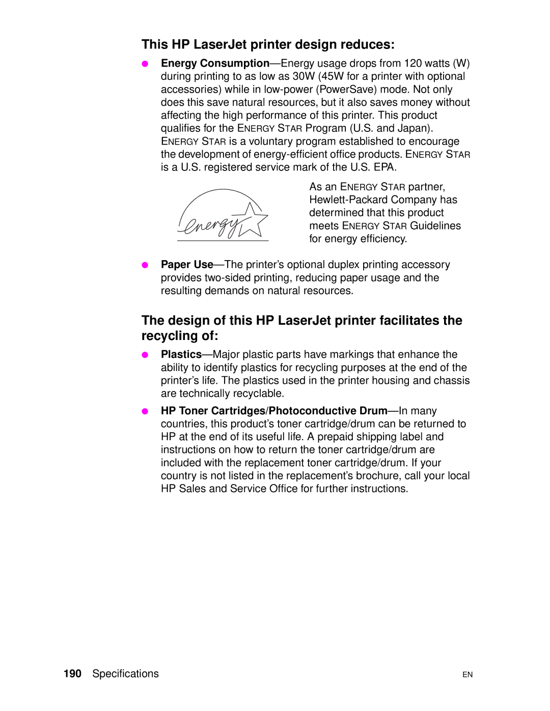 HP 4500DN manual This HP LaserJet printer design reduces, Design of this HP LaserJet printer facilitates the recycling 