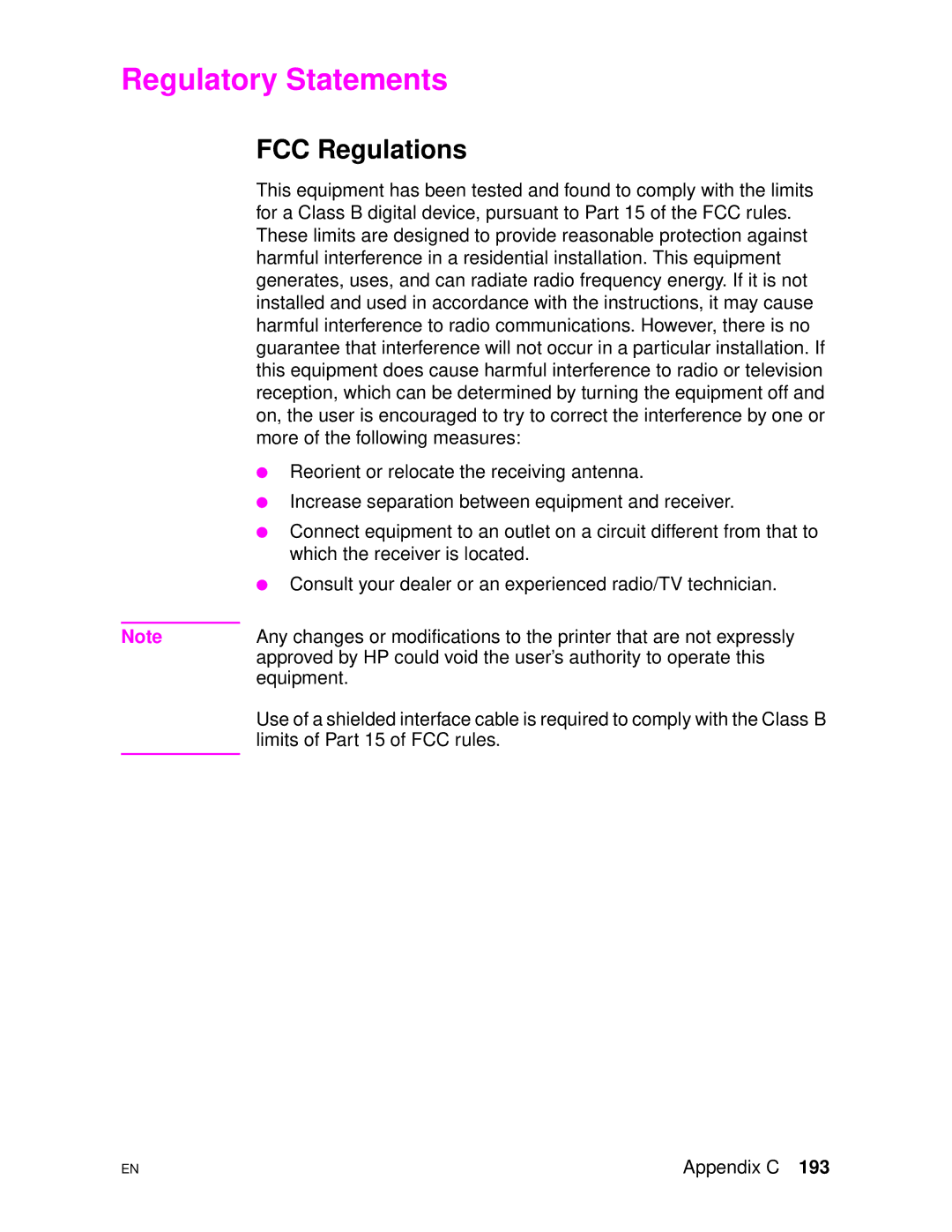 HP 4500DN manual Regulatory Statements, FCC Regulations 