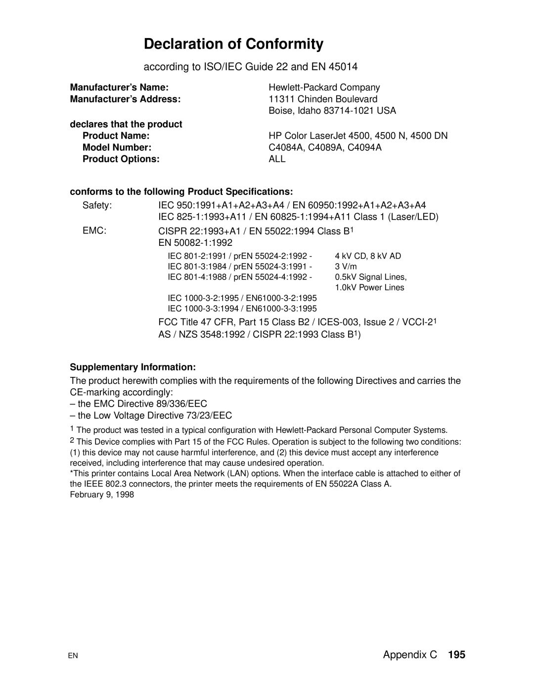 HP 4500DN manual Declaration of Conformity, All, Emc 