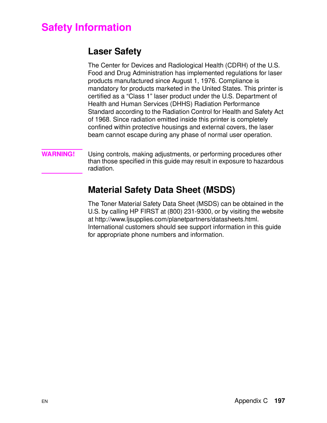 HP 4500DN manual Safety Information, Laser Safety, Material Safety Data Sheet Msds 