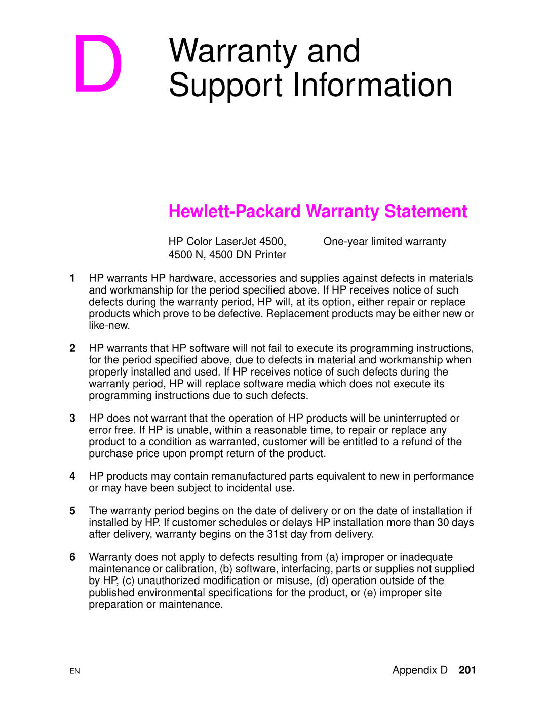 HP 4500DN manual Support Information, Hewlett-Packard Warranty Statement 