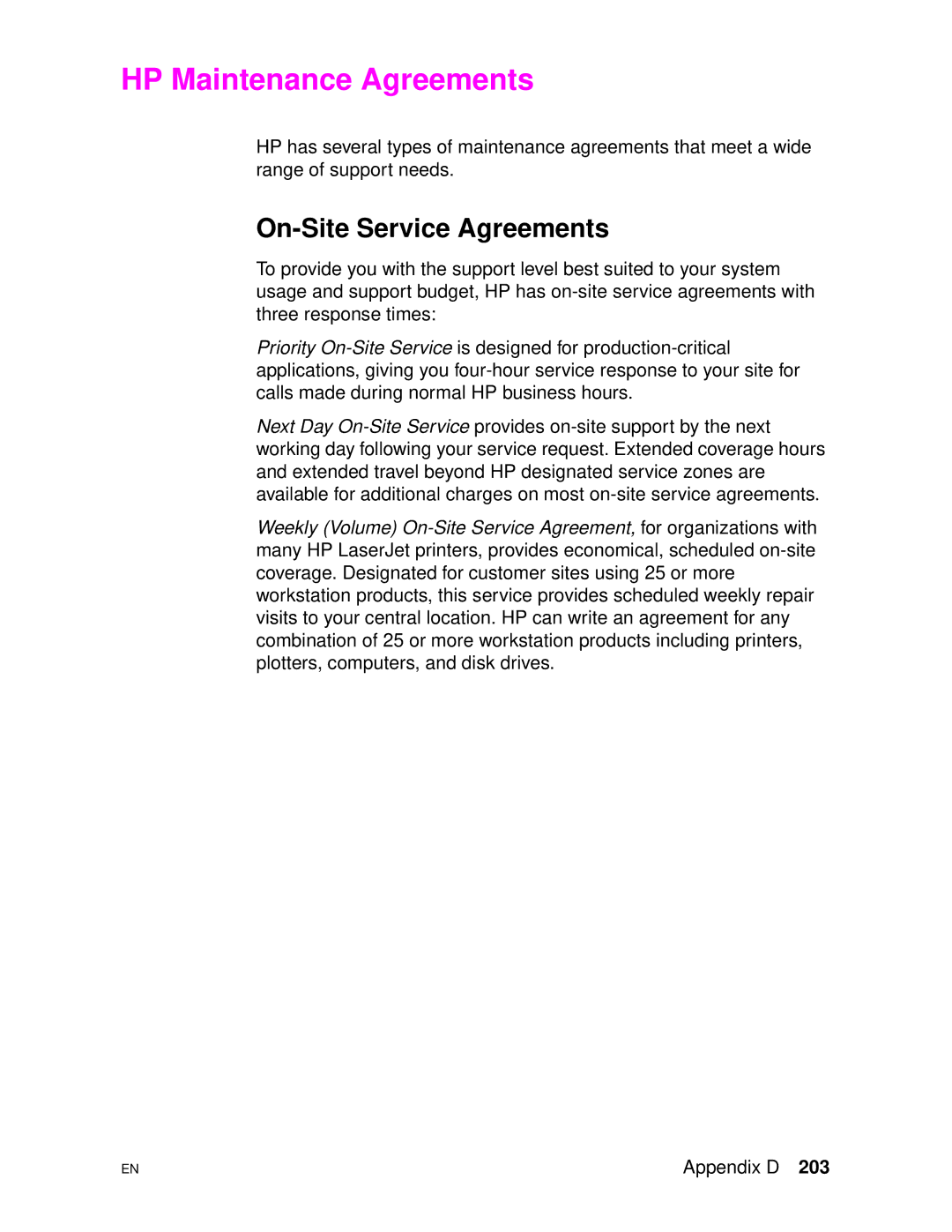 HP 4500DN manual HP Maintenance Agreements, On-Site Service Agreements 