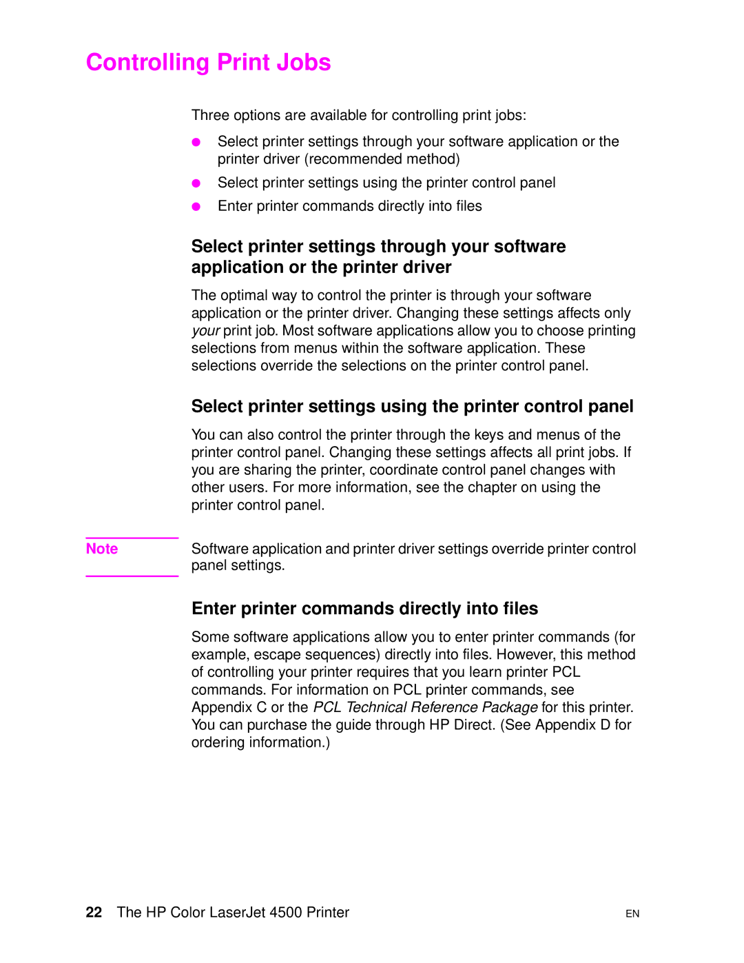 HP 4500DN manual Controlling Print Jobs, Select printer settings using the printer control panel 