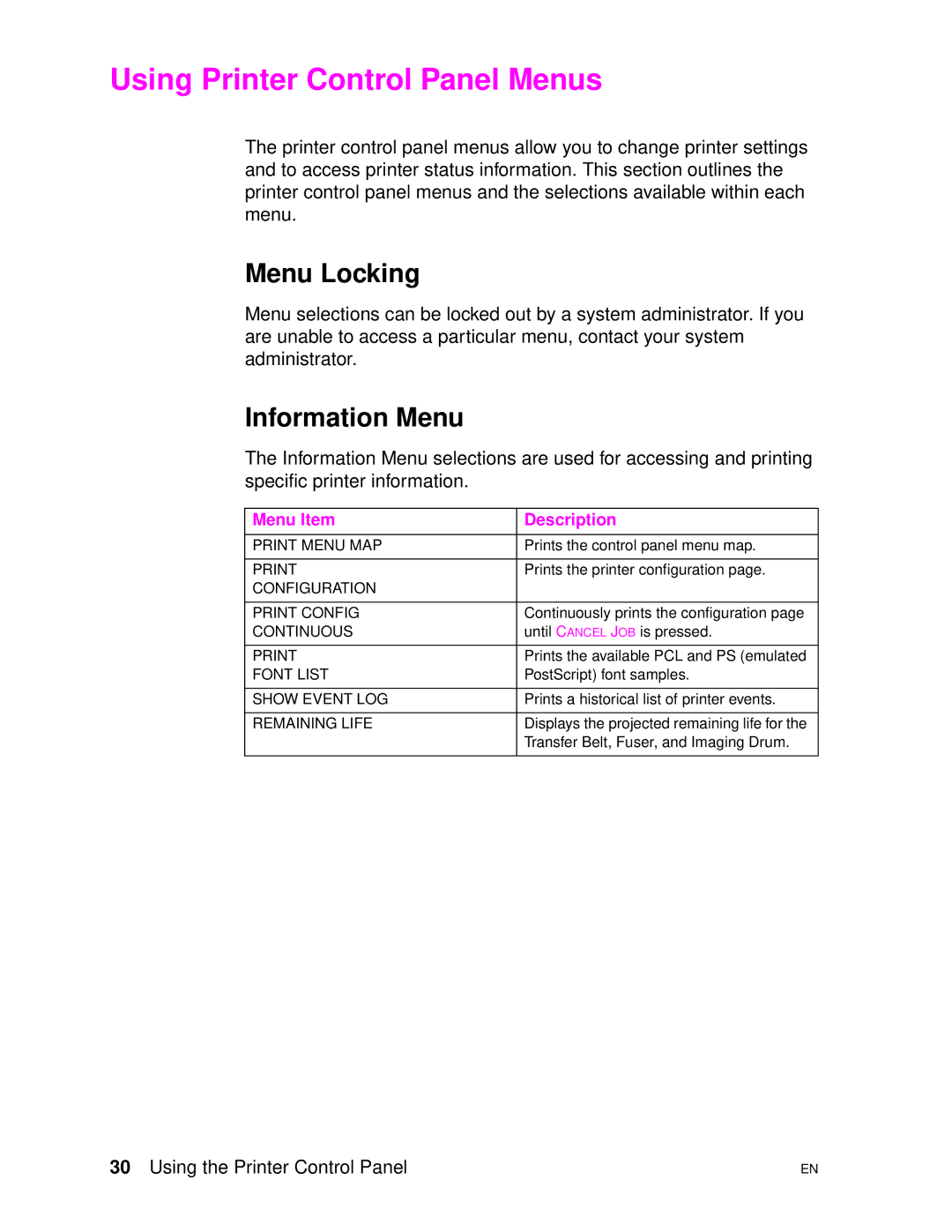 HP 4500DN manual Using Printer Control Panel Menus, Menu Locking, Information Menu 