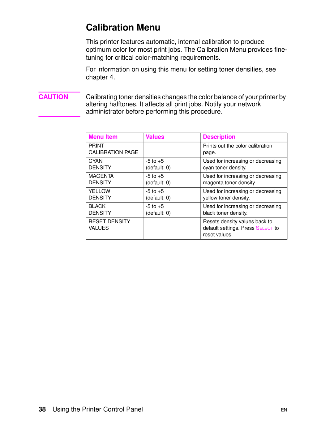 HP 4500DN manual Calibration Menu 