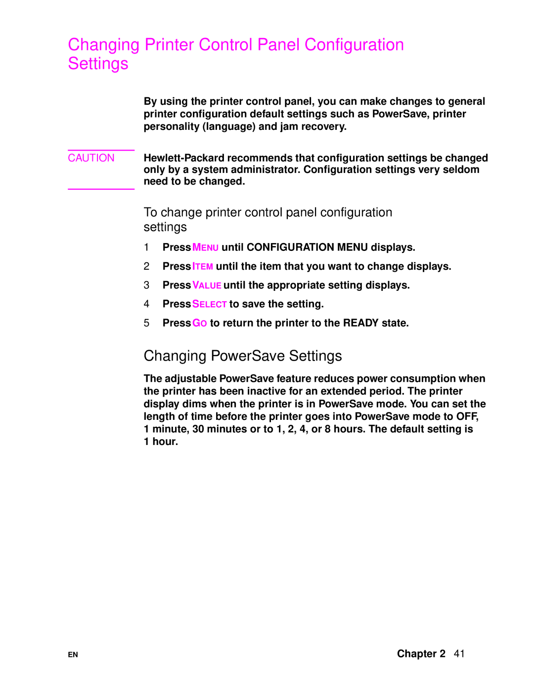 HP 4500DN manual Changing Printer Control Panel Configuration Settings, Changing PowerSave Settings 