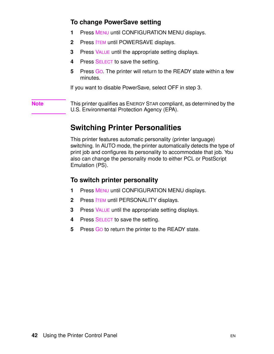 HP 4500DN manual Switching Printer Personalities, To change PowerSave setting, To switch printer personality 