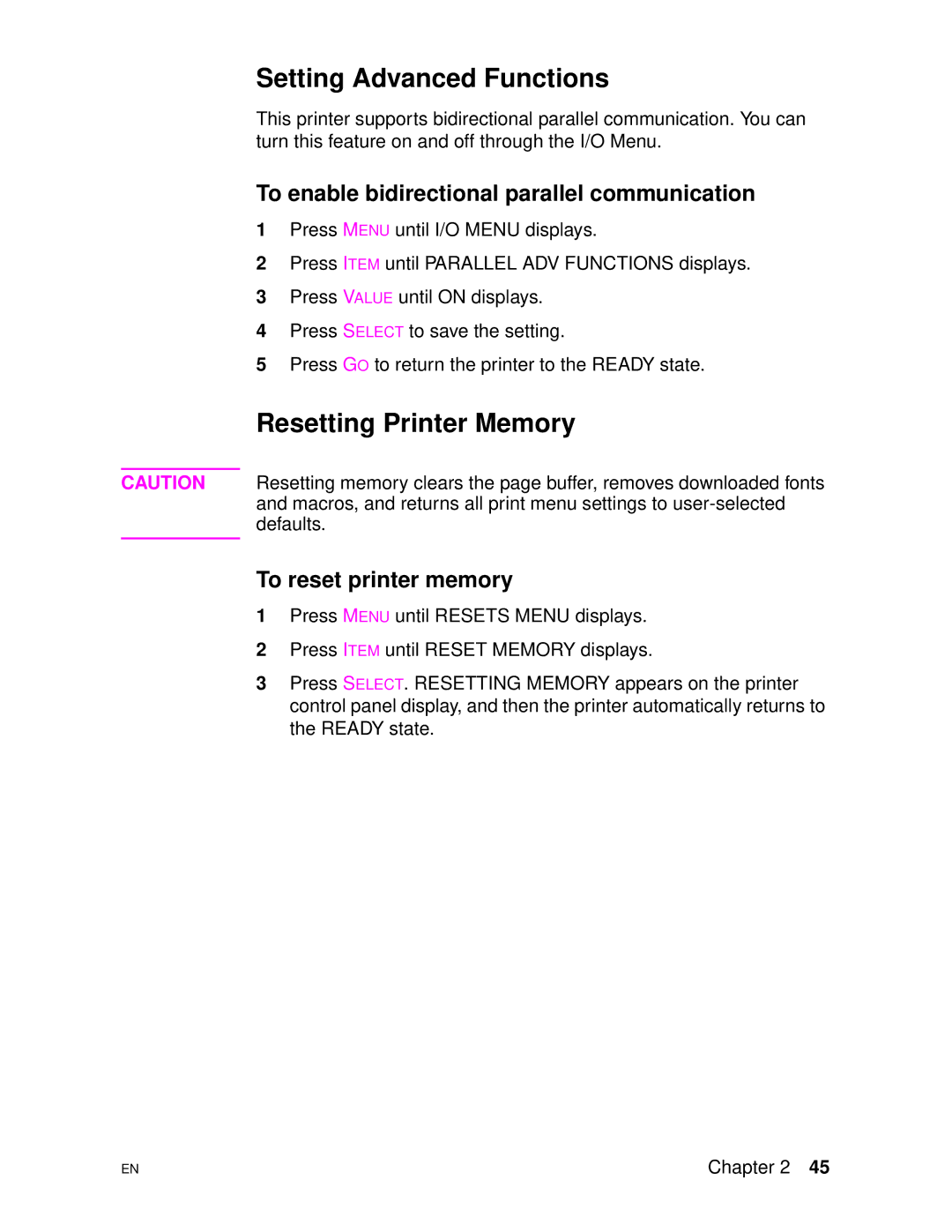 HP 4500DN manual Setting Advanced Functions, Resetting Printer Memory, To enable bidirectional parallel communication 